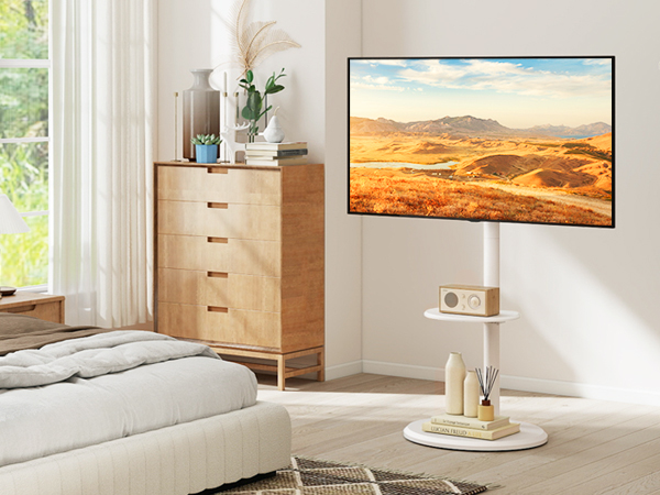 thumbnail video image 2 of RTVR Mobile Floor TV Stand with Round Wooden Base for 32-65 inch Screens, Portable Swivel Tilt Adjustable TV Cart, White, 2 of 12