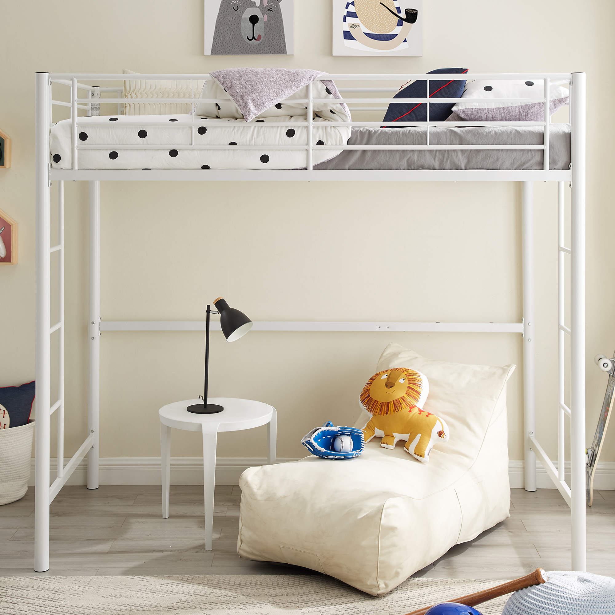 thumbnail video image 2 of Walker Edison Premium Traditional Twin Metal Loft Bed, White, 2 of 9