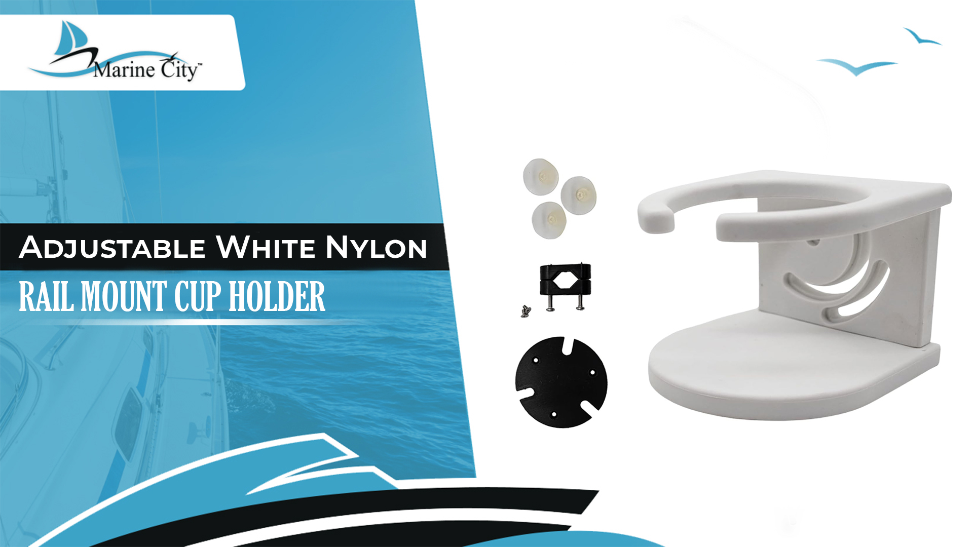 thumbnail video image 2 of MARINE CITY Angle Adjustable White Injection Nylon Rail Mount Cup Holder with Supportive Suction Cup & Included Screws - Ideal for Marines, Boats, Yachts, 2 of 9