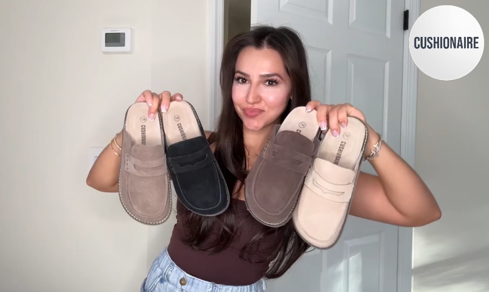thumbnail video image 2 of Cushionaire Zola Women’s Suede Clog – Genuine Suede Slip-On Penny Loafer with Memory Foam, Cork Footbed & Flexible Outsole, 2 of 28