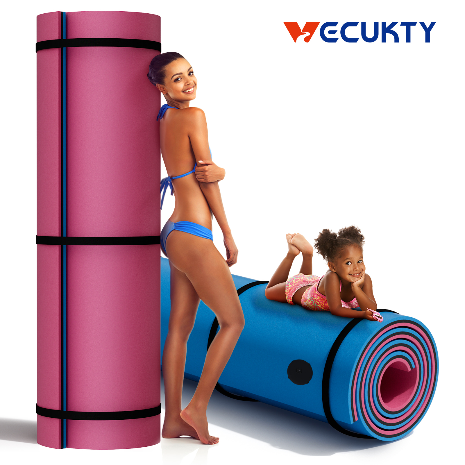 Vecukty Multi Person Floating Water Mat,8.5x 6 ft Lily Pad for Water Recreation,Tear Resistant XPE Foam for Beach, Ocean, Lake,Pink&Blue