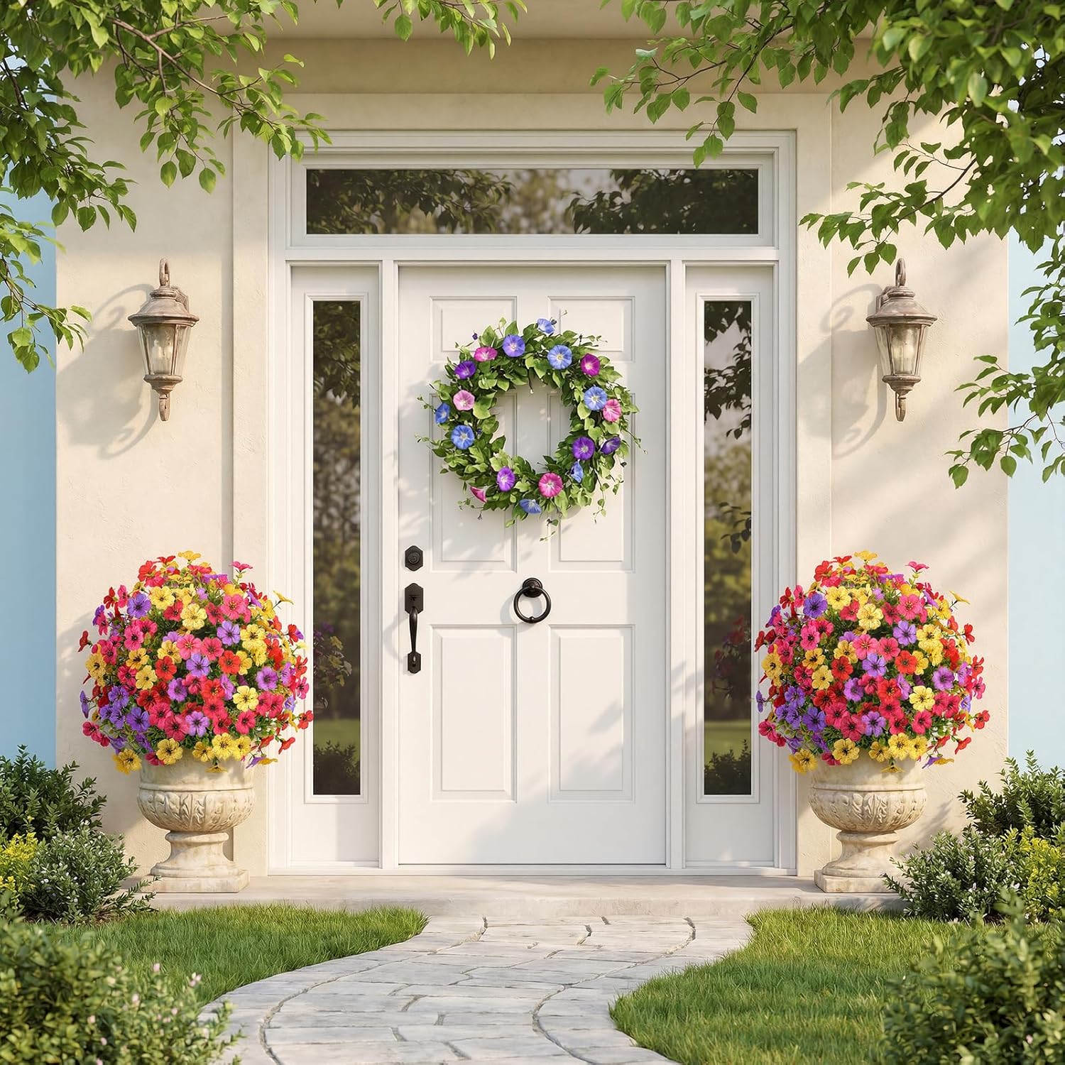 thumbnail video image 2 of 4Pcs 20" Artificial Favorable Flowers with Ground Stakes, Spring Decoration with Spike, UV Resistant Faux, Fake Bushes Indoor Decor for Garden Porch & Patio, 2 of 18