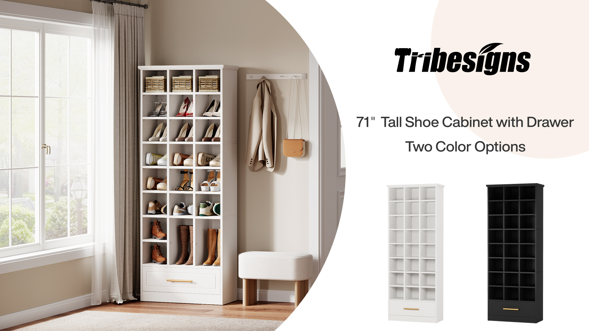 thumbnail video image 2 of Tribesigns 9-Tier Shoe Storage Cabinet, 71-Inch Tall Wooden Shoe Rack, Freestanding Shoes Storage Cabinet with 24 Cubbies and Drawer for Closet, Entryway, Living Room, White (1), 2 of 6