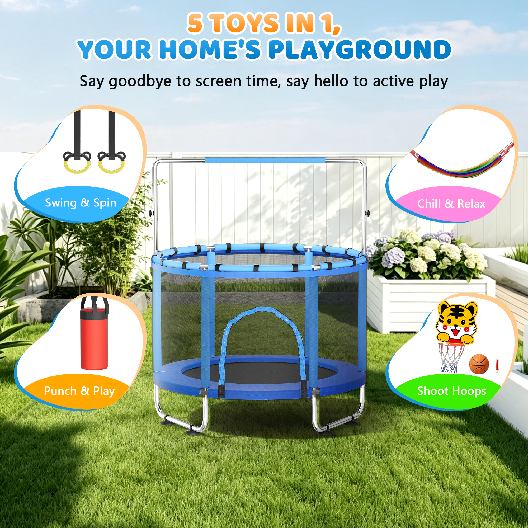 thumbnail video image 2 of FEMCHIC 55" Kids Trampoline w/ Net, Trampoline for Kids Age 3-10, Indoor Outdoor Adjustable Small Trampoline for Toddler w/ Swing and Basketball Hoop 400LBS, Pink, 2 of 10