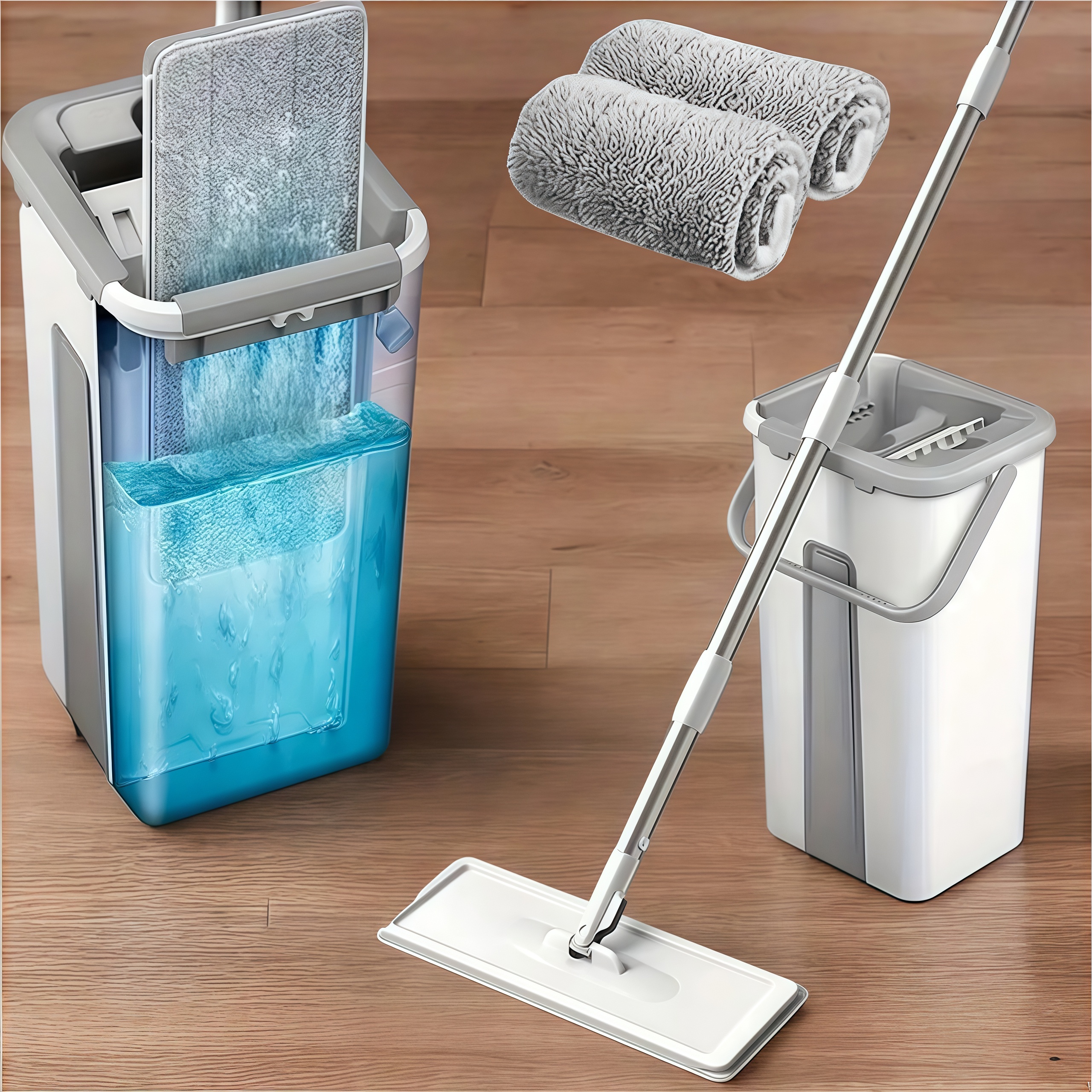 thumbnail video image 2 of Mop and bucket set with wringer, with 3 reusable microfiber pads with 360° flexible rotation, hands-free flat mop and bucket with long handle for floor cleaning and wall cleaning, 2 of 11