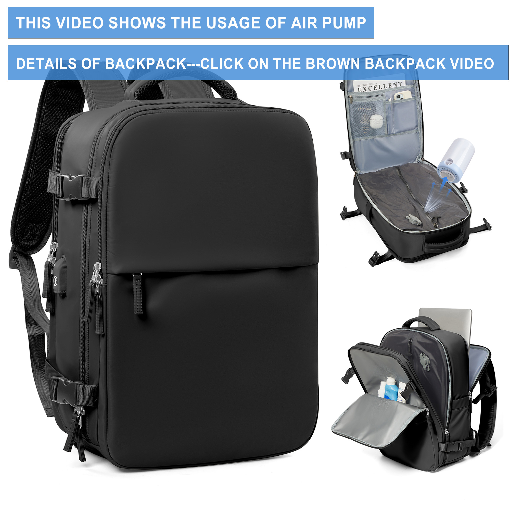 thumbnail video image 2 of Vacuum Seal Compression Large Travel Backpack with Air Pump, Personal Item Airbag Carry on Backpacks Flight Approved, Airback Waterproof Work Compression Bags Travel Pump Business Laptop Suitcase, 2 of 12