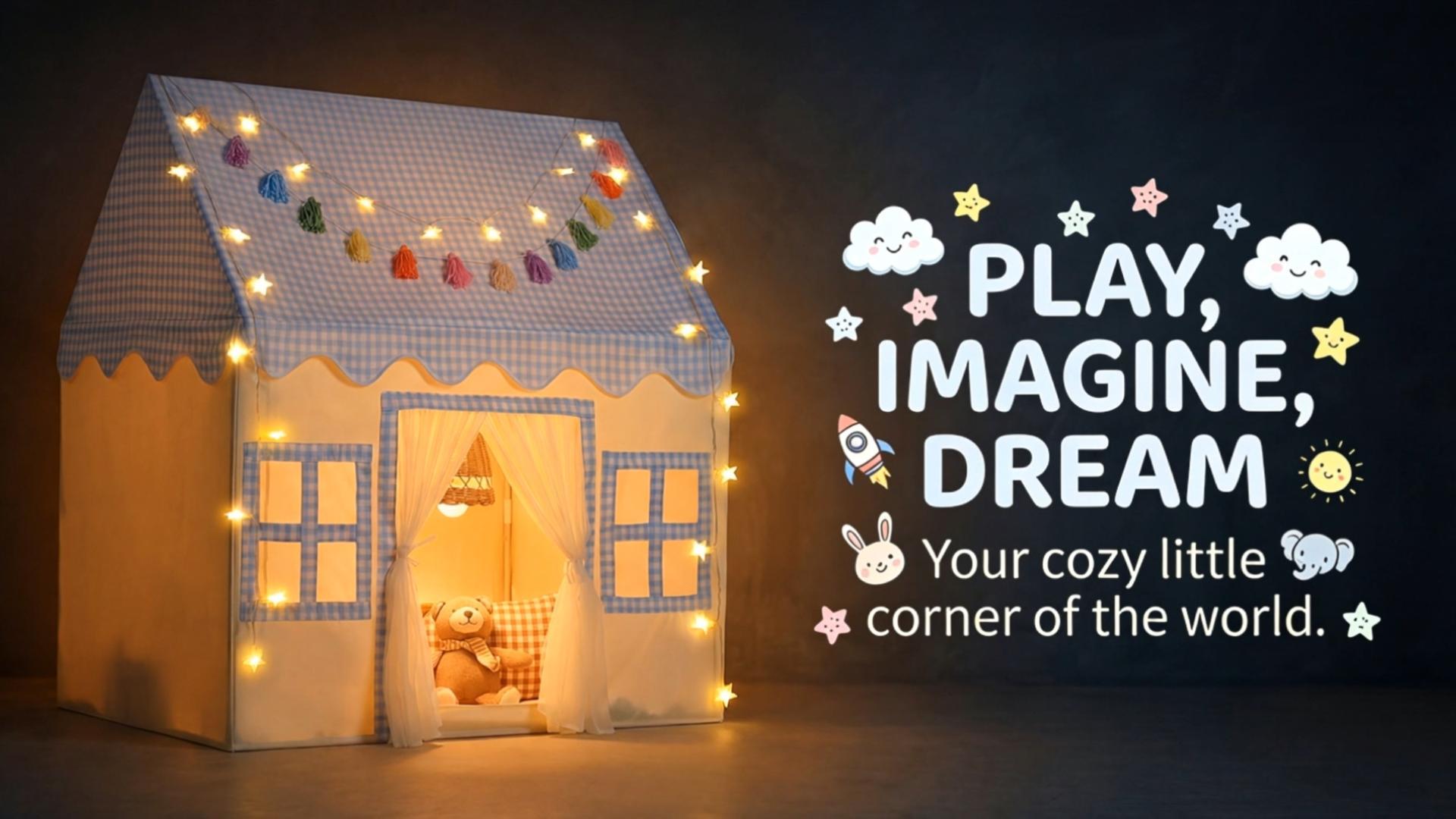 thumbnail video image 2 of Wilwolfer Kids Play Tent Indoor: Peach Skin Fabric Playhouse with Play Mat and Star Lights - Toddlers  Toys for Boy Girl Birthday Gift, 2 of 9