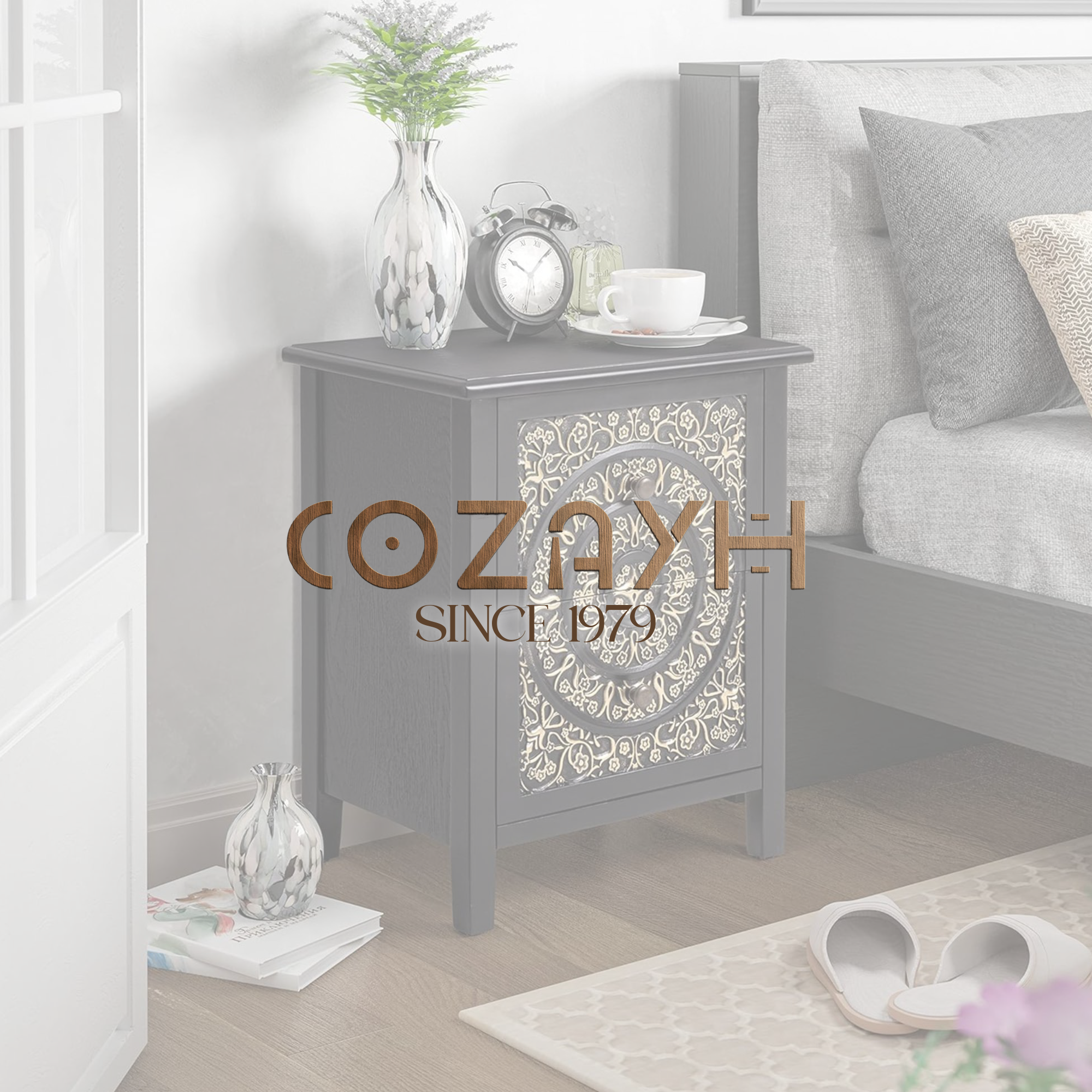 thumbnail video image 2 of COZAYH Farmhouse 2 Drawer Bedroom Nightstand with Embossed Flower Motif, Set of 2, 2 of 11