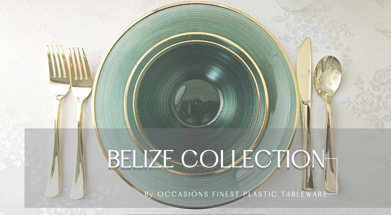 thumbnail video image 2 of " OCCASIONS " 960pcs set (120 Guests)-Wedding Party Disposable Plastic Plate Set -120 x 10'' + 120 x 7'' + Silverware + Cups + Napkins (Belize in Green & Gold), 2 of 8