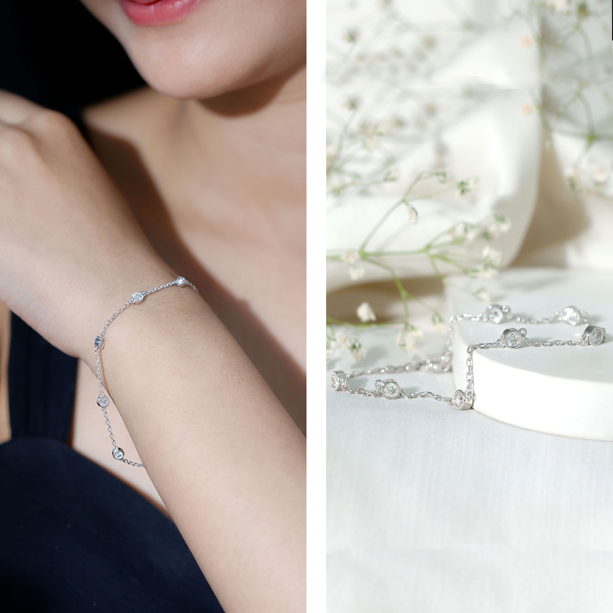 thumbnail video image 2 of Rosec Jewels Lab Created Diamond 7 Stone Station Bracelet Chain - (EF-VS Grade) Bezel Diamond Bracelet for Valentines, 925 Sterling Silver, 7.0 inches, 2 of 9