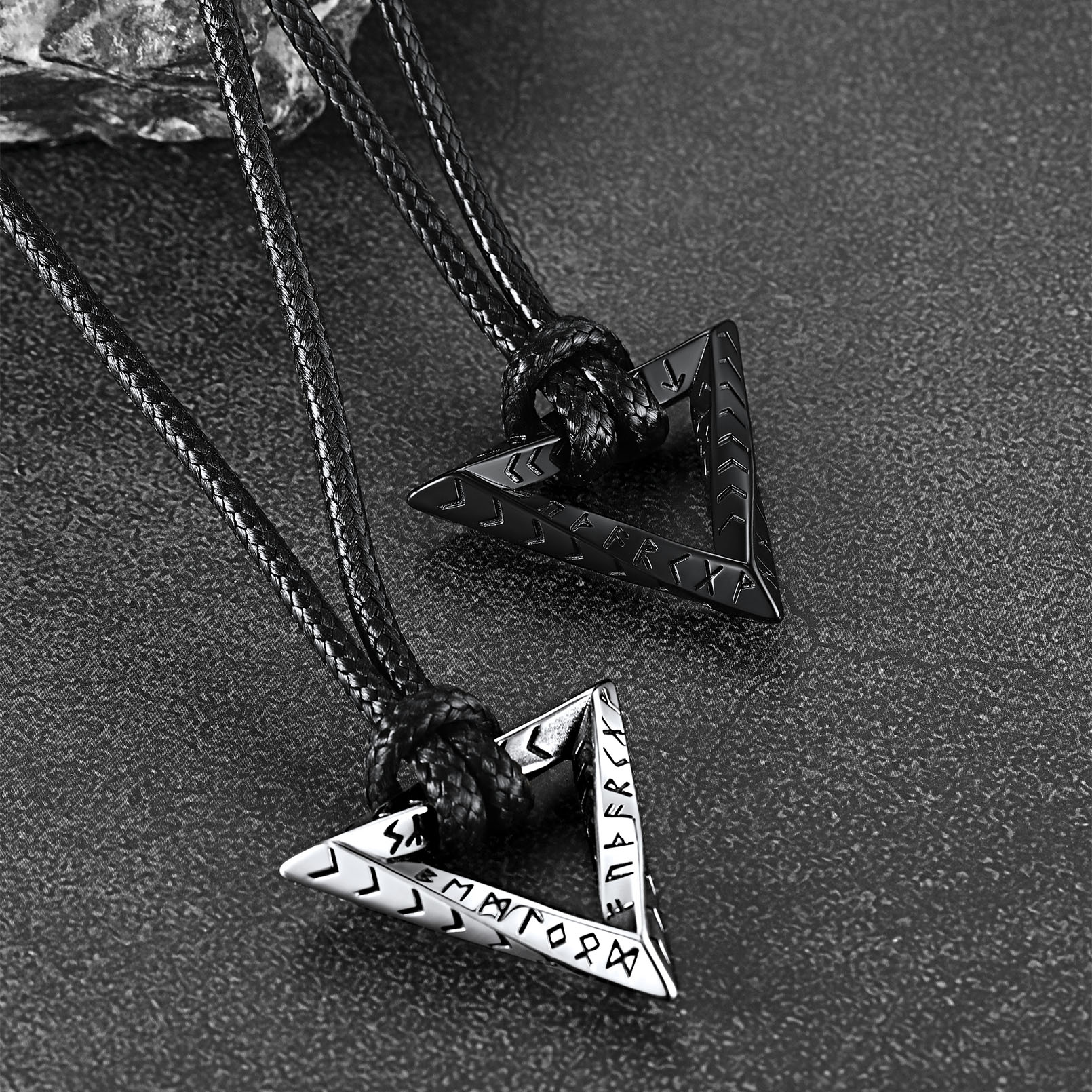 thumbnail video image 2 of FaithHeart Norse Runes Triangle Ring Necklace for Men Stainless Steel Black Mobius Arrows Band Pendant Necklaces with Black Leather Cord Chain Jewelry Christmas Jewelry Gifts, 2 of 11