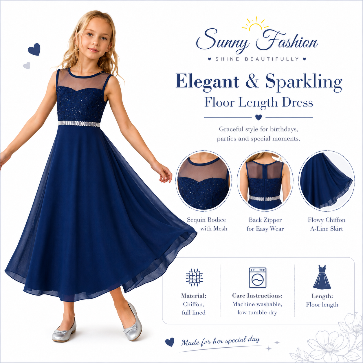 thumbnail video image 2 of Sunny Fashion Girls Dress Classic Blue Chiffon Bridesmaid Maxi Ball Gown 14 Years, 2 of 9