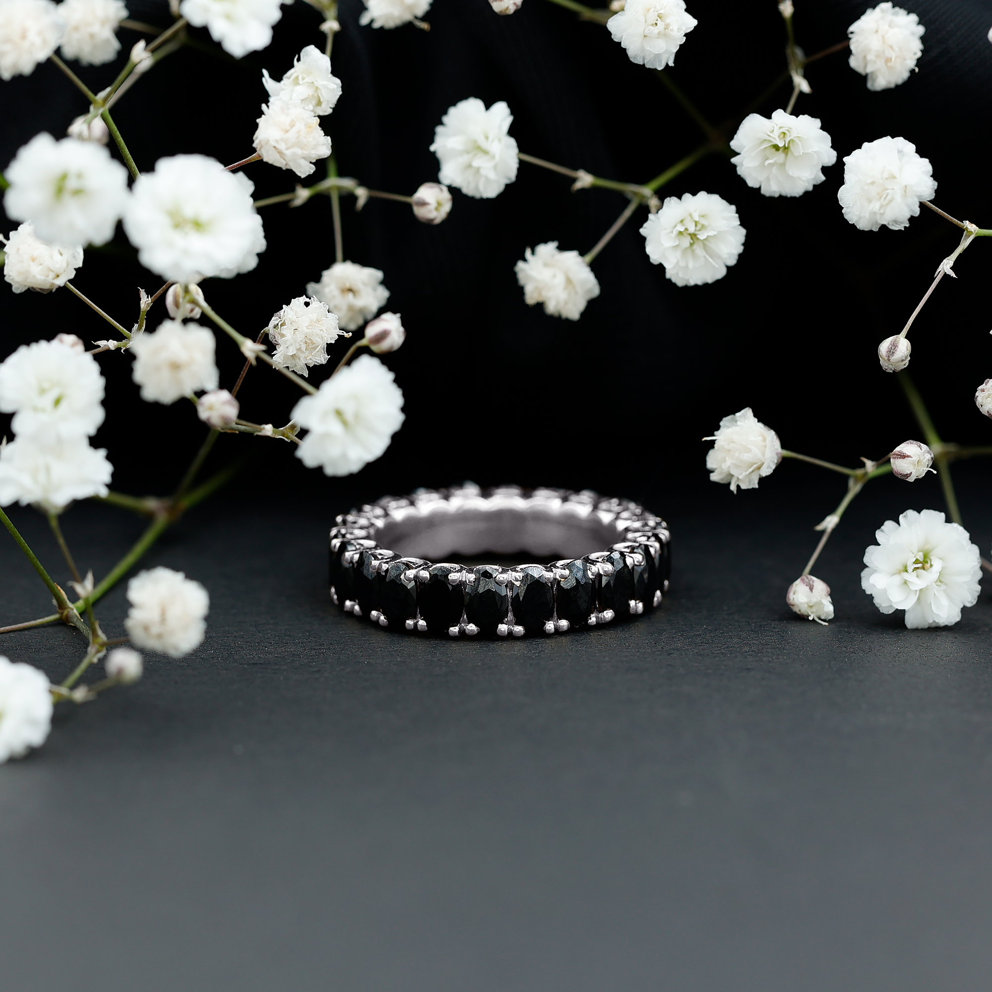 thumbnail video image 2 of Rosec Jewels 4 CT Black Onyx Eternity Ring, Oval Shape Black Onyx Eternity Ring in Claw Setting, December Birthstone Ring, Gold Eternity Ring for Women, 10K Yellow Gold, US 6.00, 2 of 7