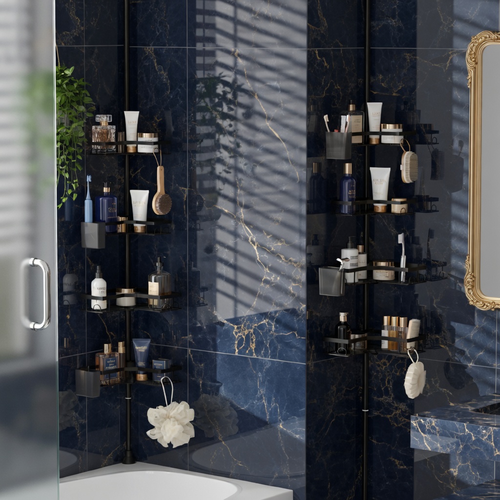 thumbnail video image 2 of Floor to Ceiling Corner Shower Caddy Tension Pole, Freestanding Bathroom Organizer Shelf with Adjustable Baskets, Hooks & Soap Holder, Drill-Free Rustproof Stand, Black, 2 of 10