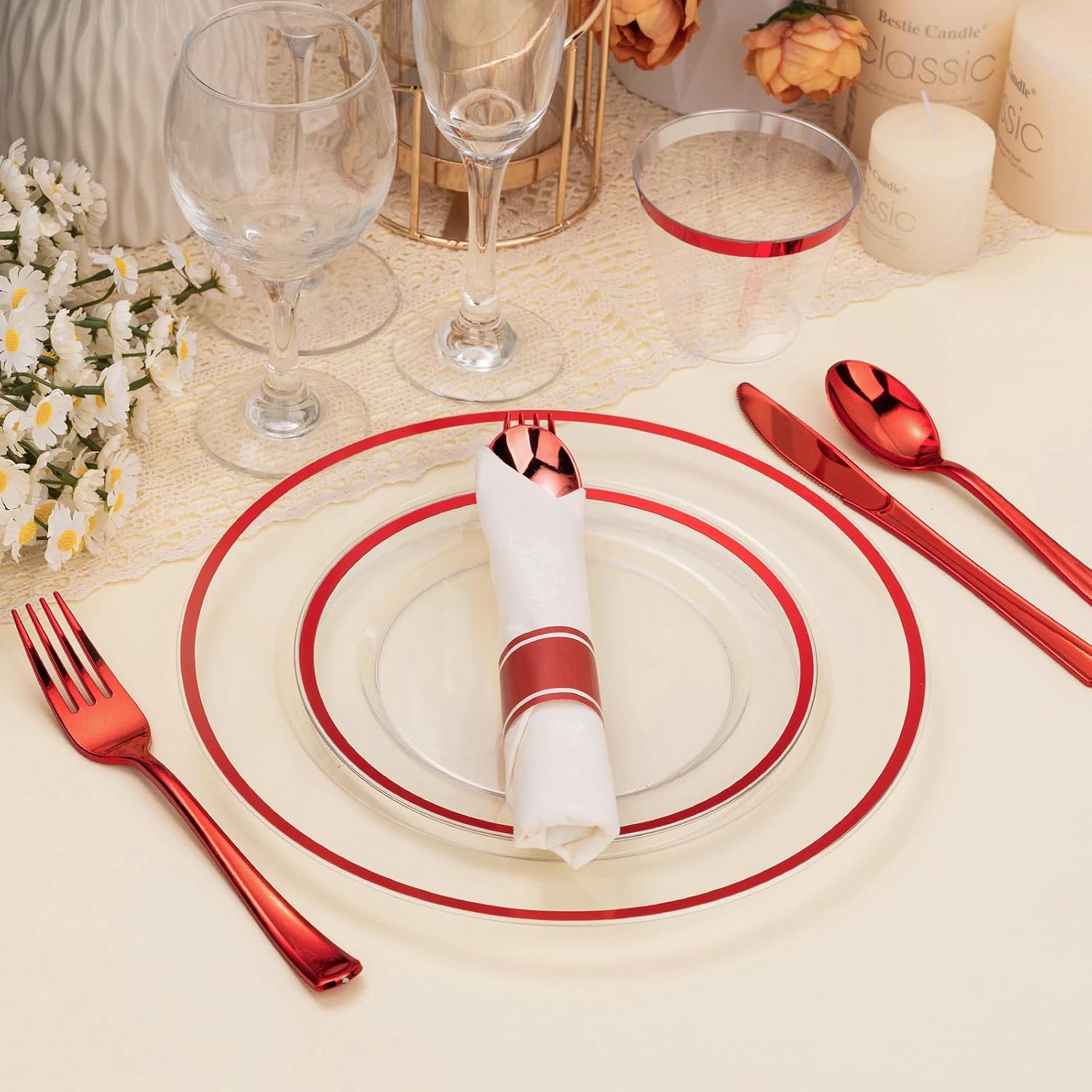 thumbnail video image 2 of Goodluck 350 Piece Clear Plastic Dinnerware Set with Red Rim for 50 Guests, Disposable Plates, Rolled Napkin Cutlery Sets & Cups for Wedding, Christmas, Party, 2 of 7