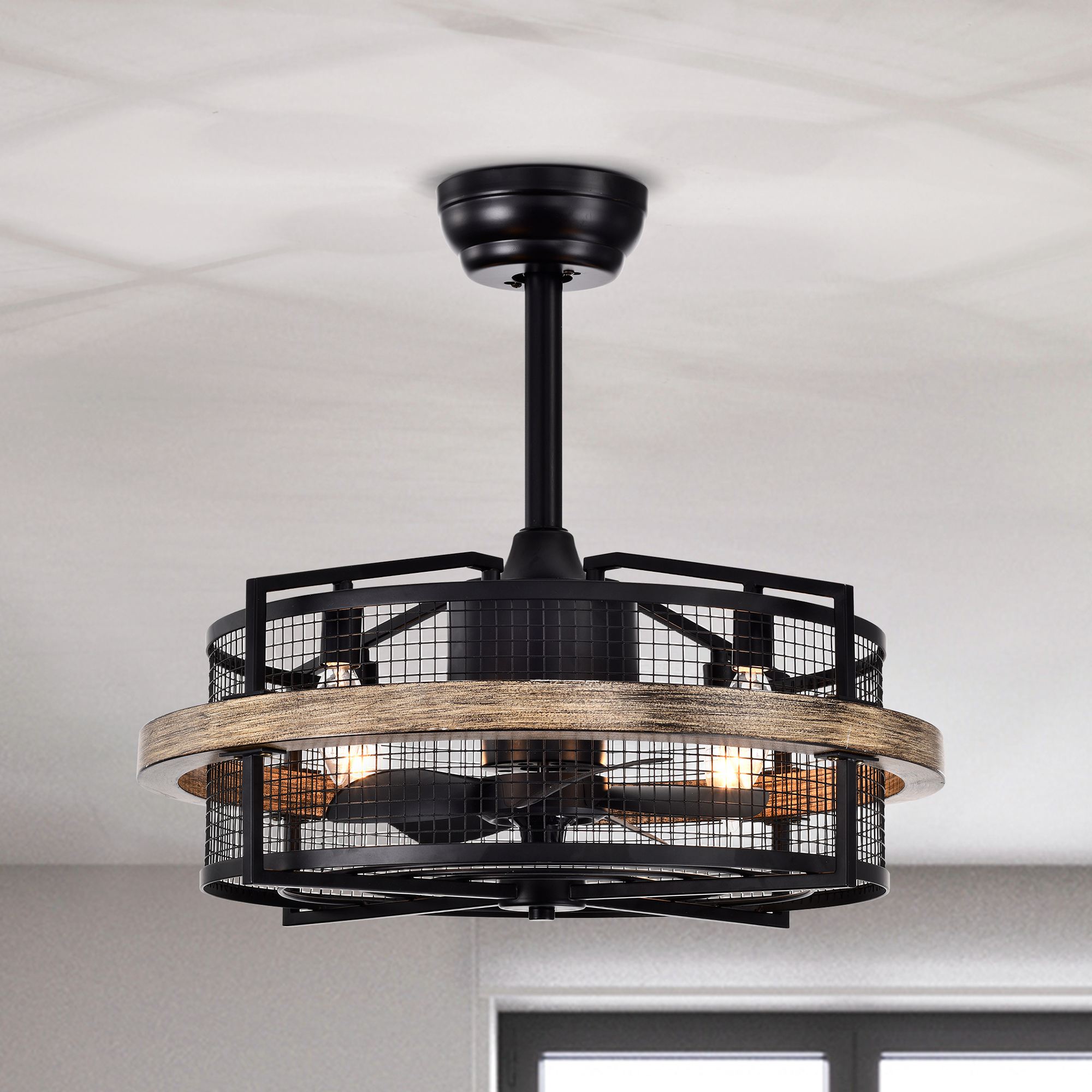 thumbnail video image 2 of Parrot Uncle 20" Farmhouse Caged Ceiling Fan with Lights and Remote Control, Black Bladeless Chadelier Ceiling Fan, 2 of 14