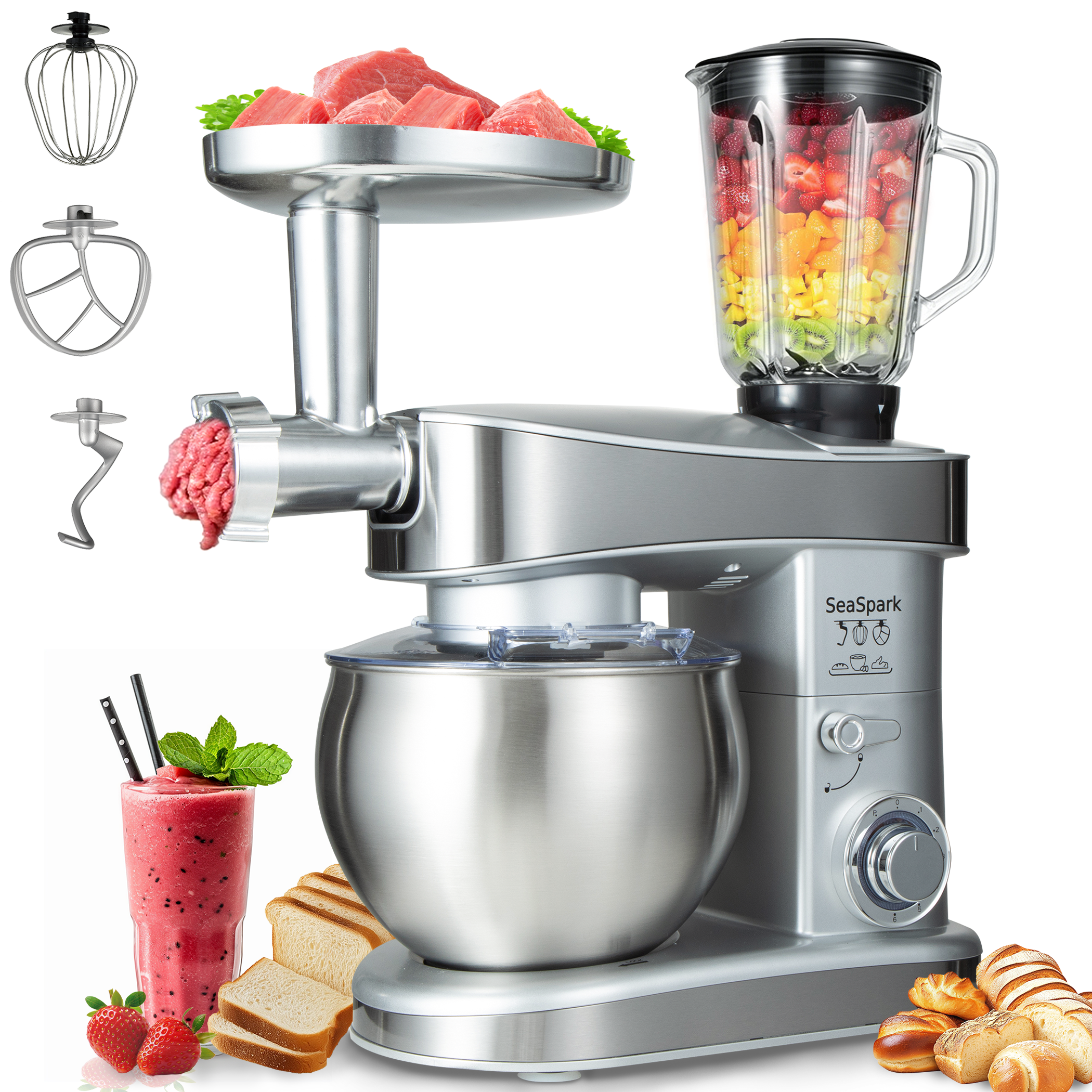 thumbnail video image 2 of SeaSpark 6-IN-1 Multifunctional Stand Mixer, 6-Speed 6.3 QT Tilt-Head Kitchen Mixer, Electric Food Mixer with Bowl, Juice Blender, Dough Hook, Beater, Whisk for Most Home Cooks, Silver, 2 of 8