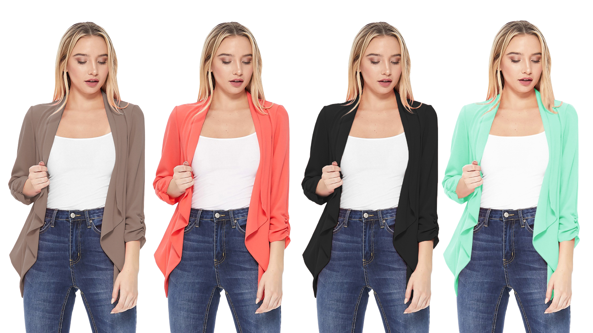 thumbnail video image 2 of MOA COLLECTION Women 3/4 Sleeve Woven Blazer Open Front Cardigan Jacket Work Office Blazer, 2 of 5