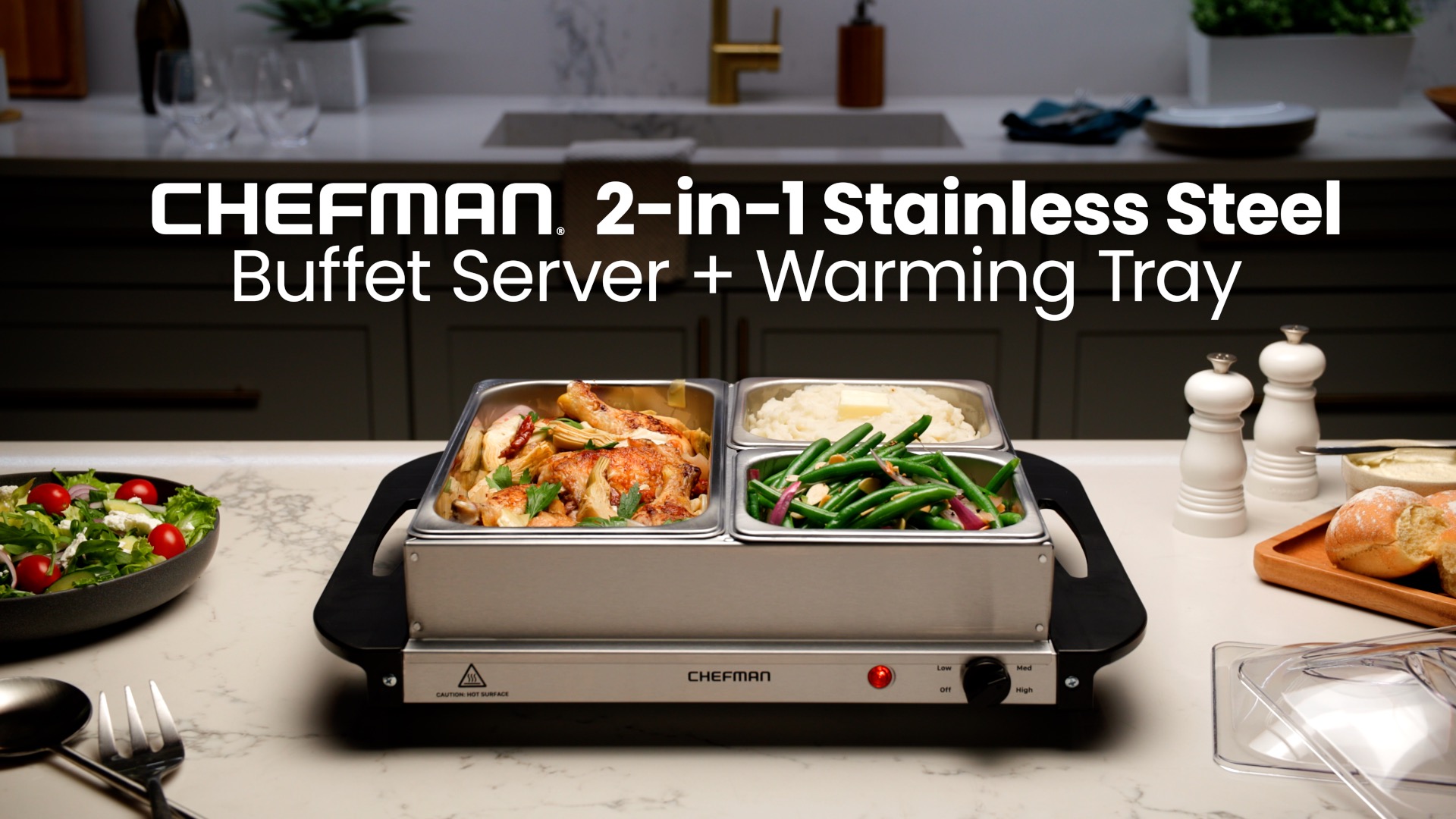 thumbnail video image 2 of Open Box Chefman Electric Buffet Server + Warming Tray 14" x 14" w/ Adjustable Temp - Stainless Steel, New, 2 of 9