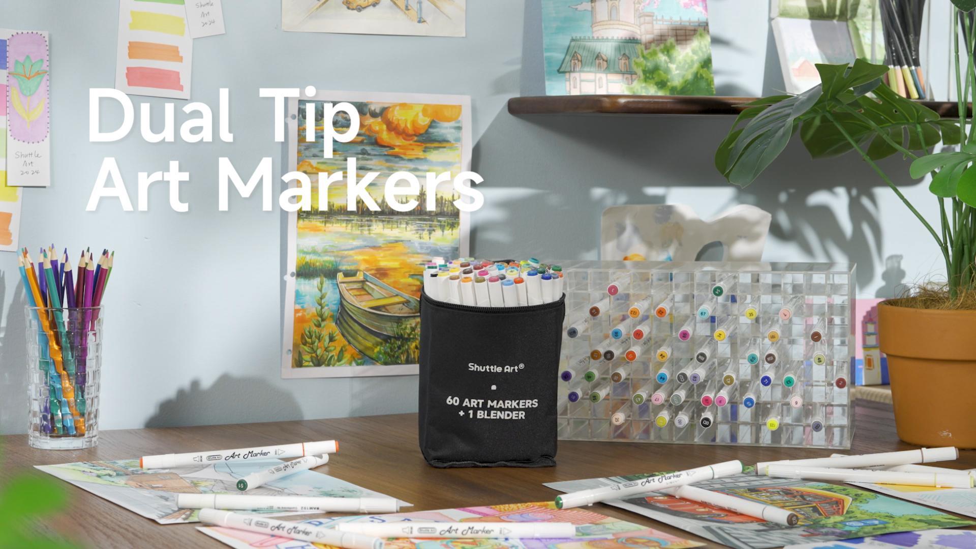thumbnail video image 2 of Shuttle Art 61 Colors Dual Tip Art Markers Permanent Highlighters with Case, 2 of 10