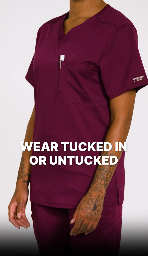 thumbnail video image 2 of Cherokee Workwear Revolution Unisex Scrubs Top, 1 Pocket V-Neck, WW625, XXS, White, 2 of 10