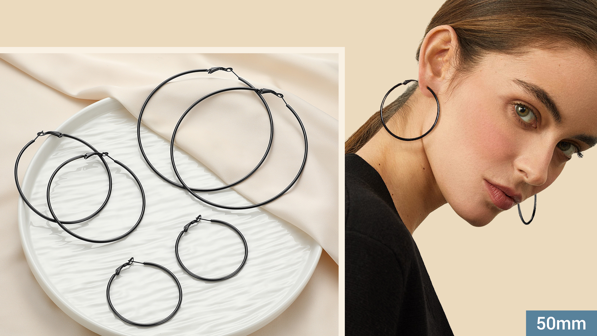 thumbnail video image 2 of PROSTEEL Large Hoop Earring for Women Black Earrings Hypoallergenic Stainless Steel Christmas Birthday Valentine Day Jewelry Gifts for Mom daughter Adults Age 50mm, 2 of 8