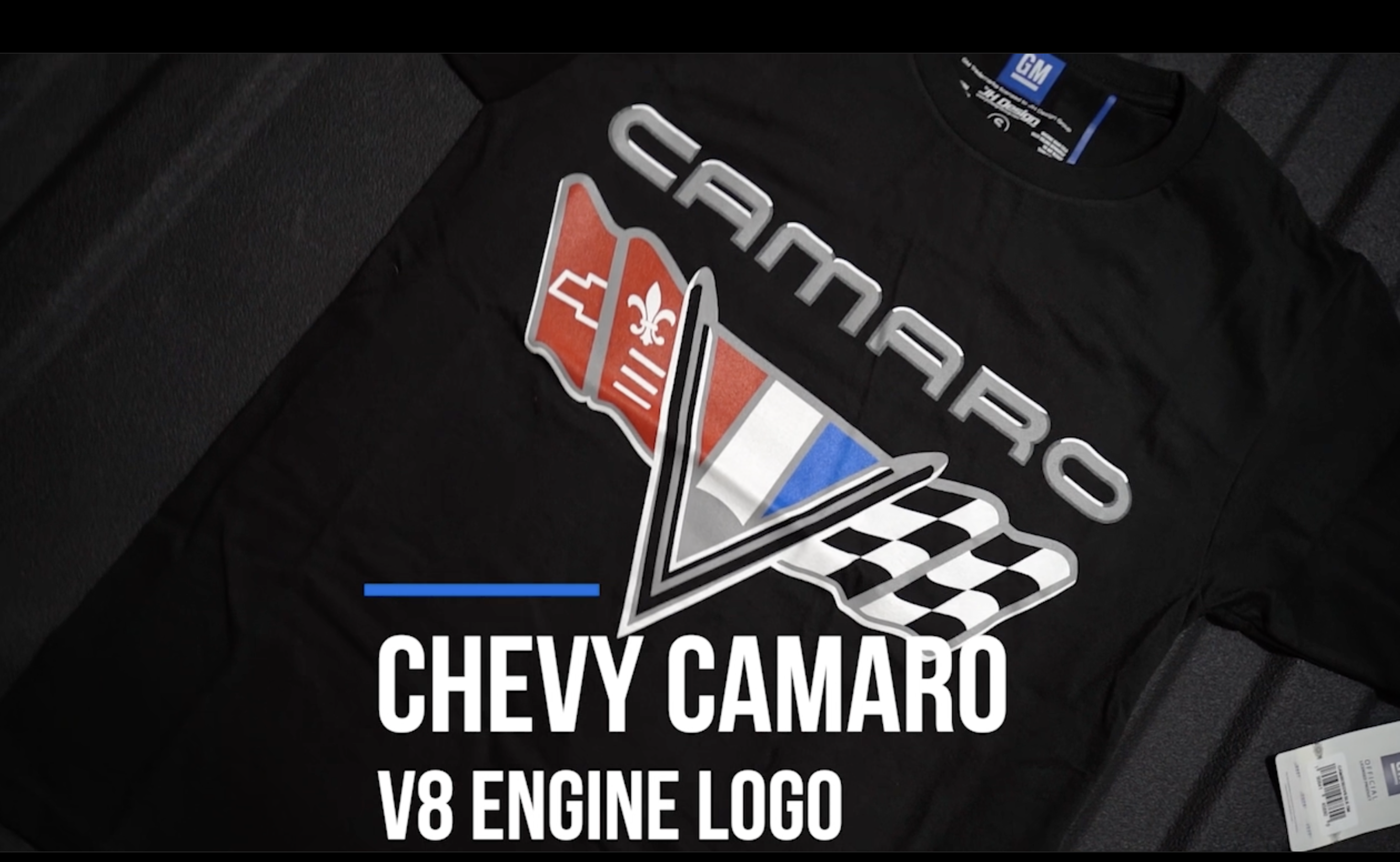 thumbnail video image 2 of JH Design Men's Chevy Camaro Flag T-Shirt Short Sleeve Black Crew Neck Shirt, 2 of 7