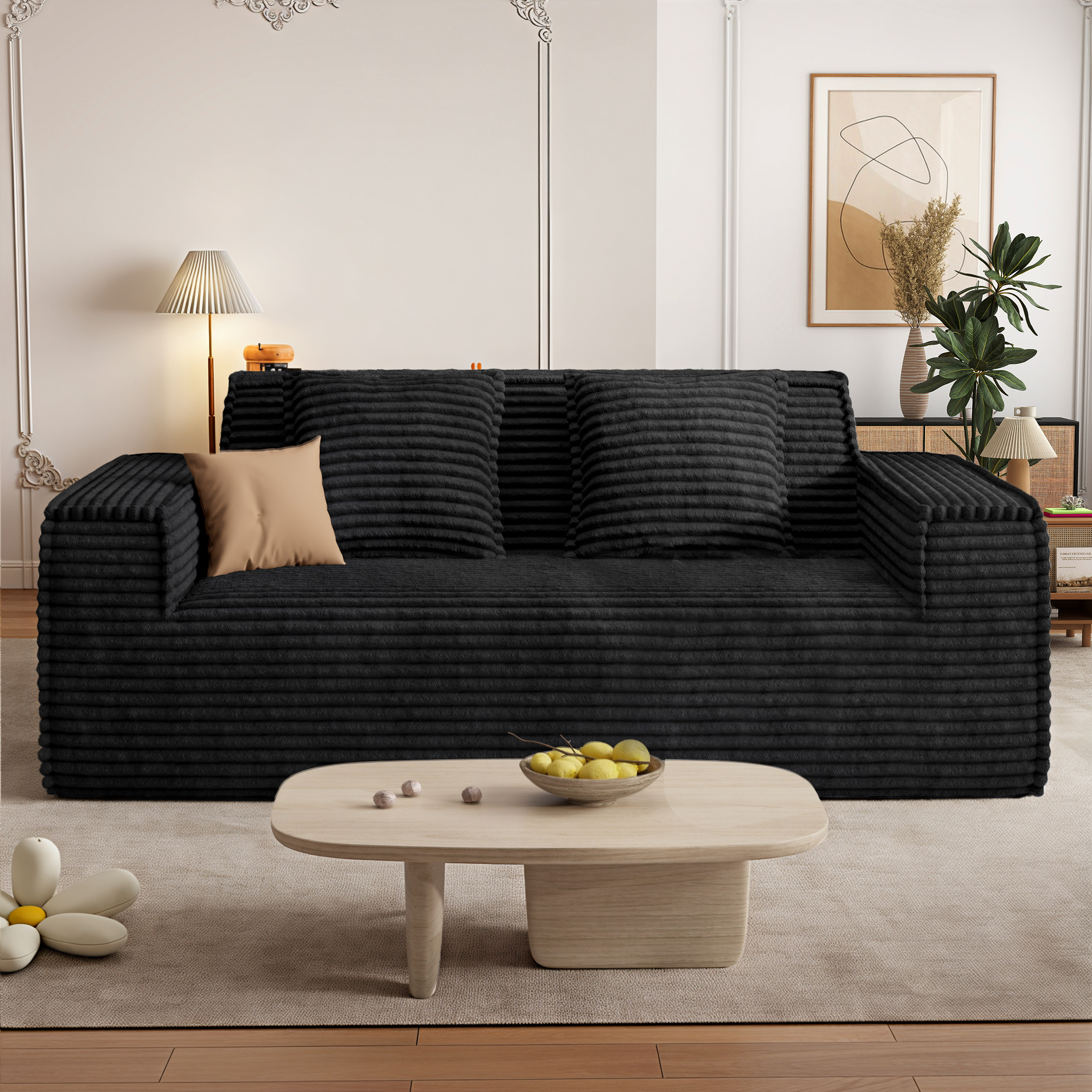 thumbnail video image 2 of Hawsaiy 75" Corduroy Loveseat Sofa with Wide Armrests & Removable Pillows, No Assembly Foam Couch, Vacuum Packed, High-Density Support,Beige, 2 of 13