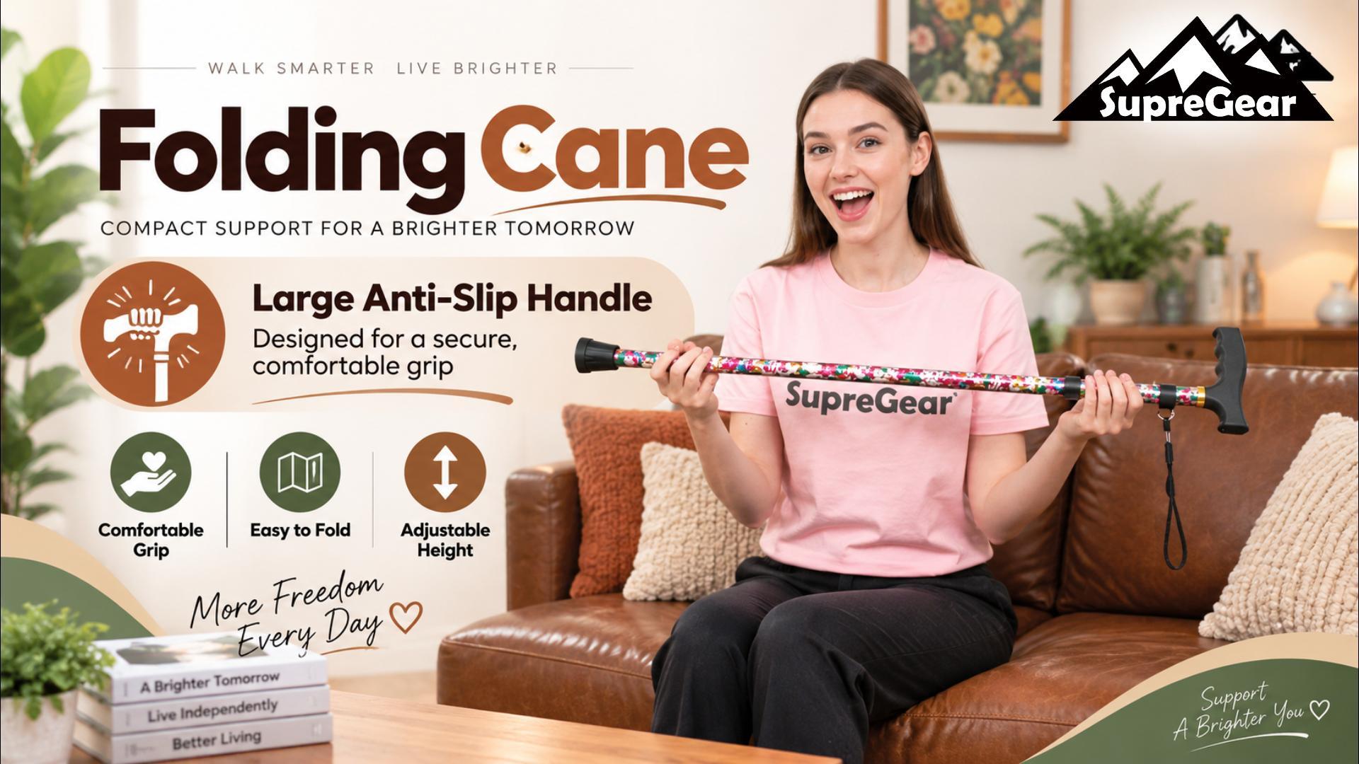 thumbnail video image 2 of SupreGear Lightweight Folding Aluminum Walking Cane with Comfortable T-Handle for Adults and Seniors, Khaki, 2 of 7