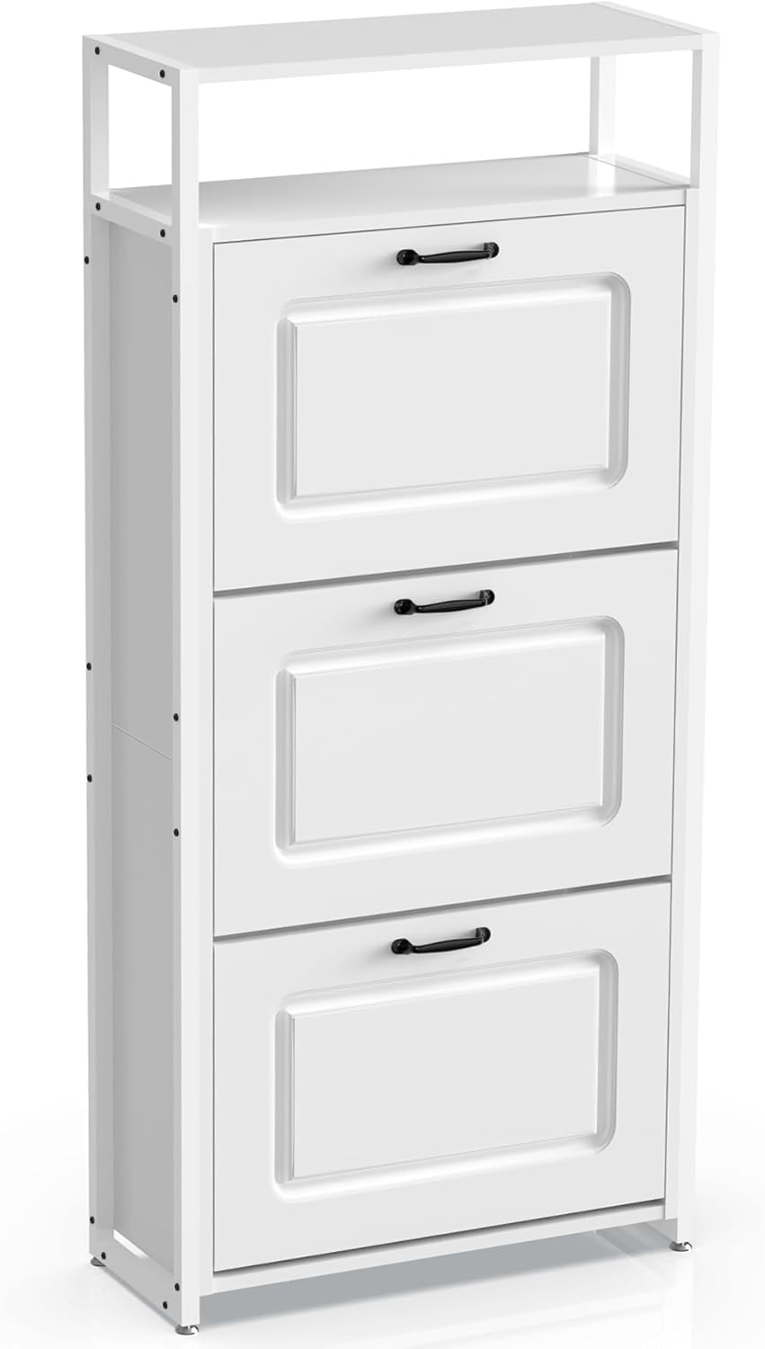 thumbnail video image 2 of Shoe Cabinet with 3 Doors , Slim Freestanding Wood Shoe Storage Organizer White, 2 of 8