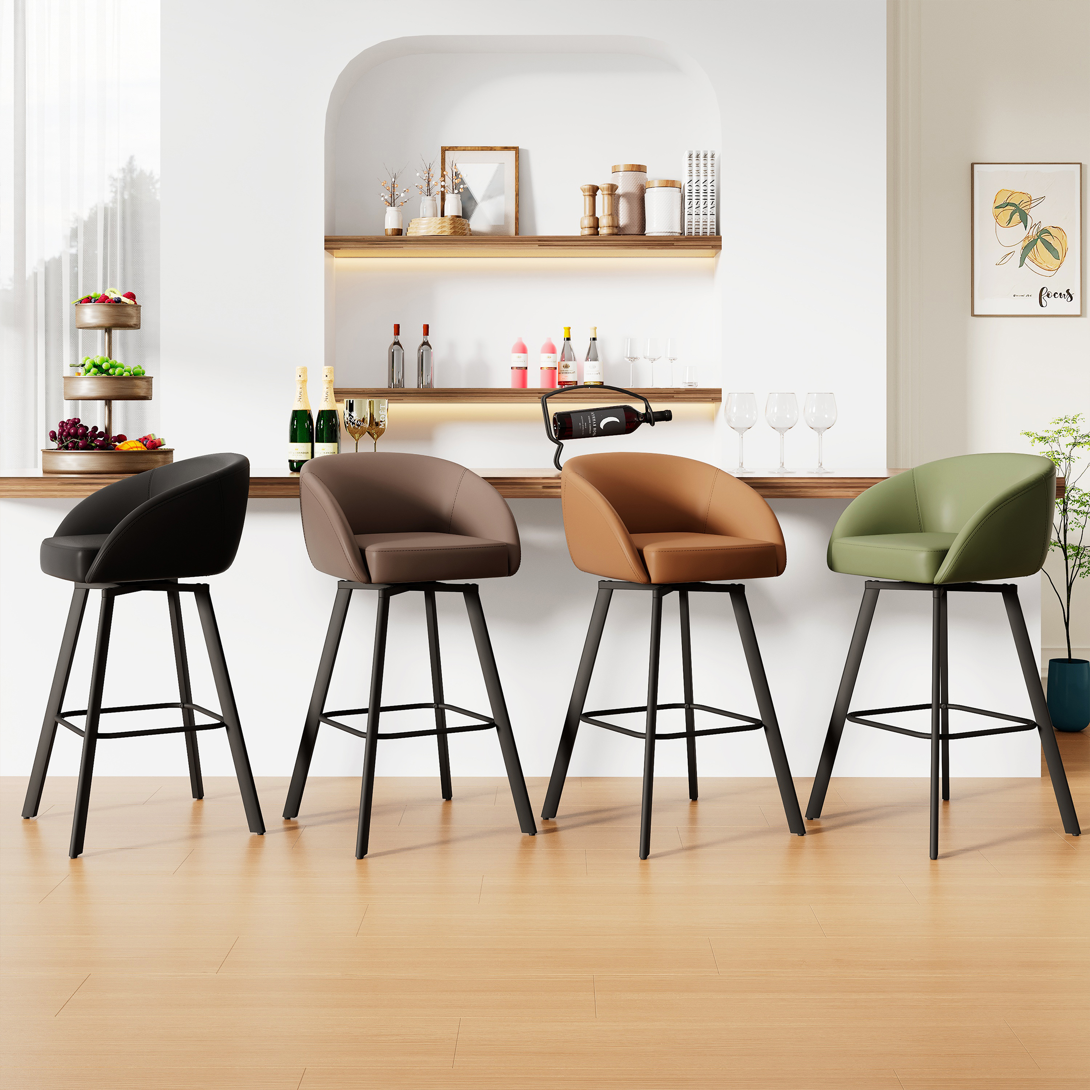 thumbnail video image 2 of FIRAVOE Swivel Bar Stools Set of 4, 30" Bar Height Bar Stools with Back, Faux Leather Bar Chair Kitchen Barstools Counter Stools, Camel Brown, 2 of 9