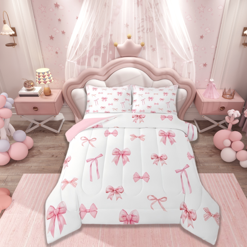 thumbnail video image 2 of Manfei Pink Bow Twin Comforter Sets For Girls, Cute Bowknot Kawaii Ribbon Bow Bedding Set For Girl Reversible 2 Pieces, 2 of 9