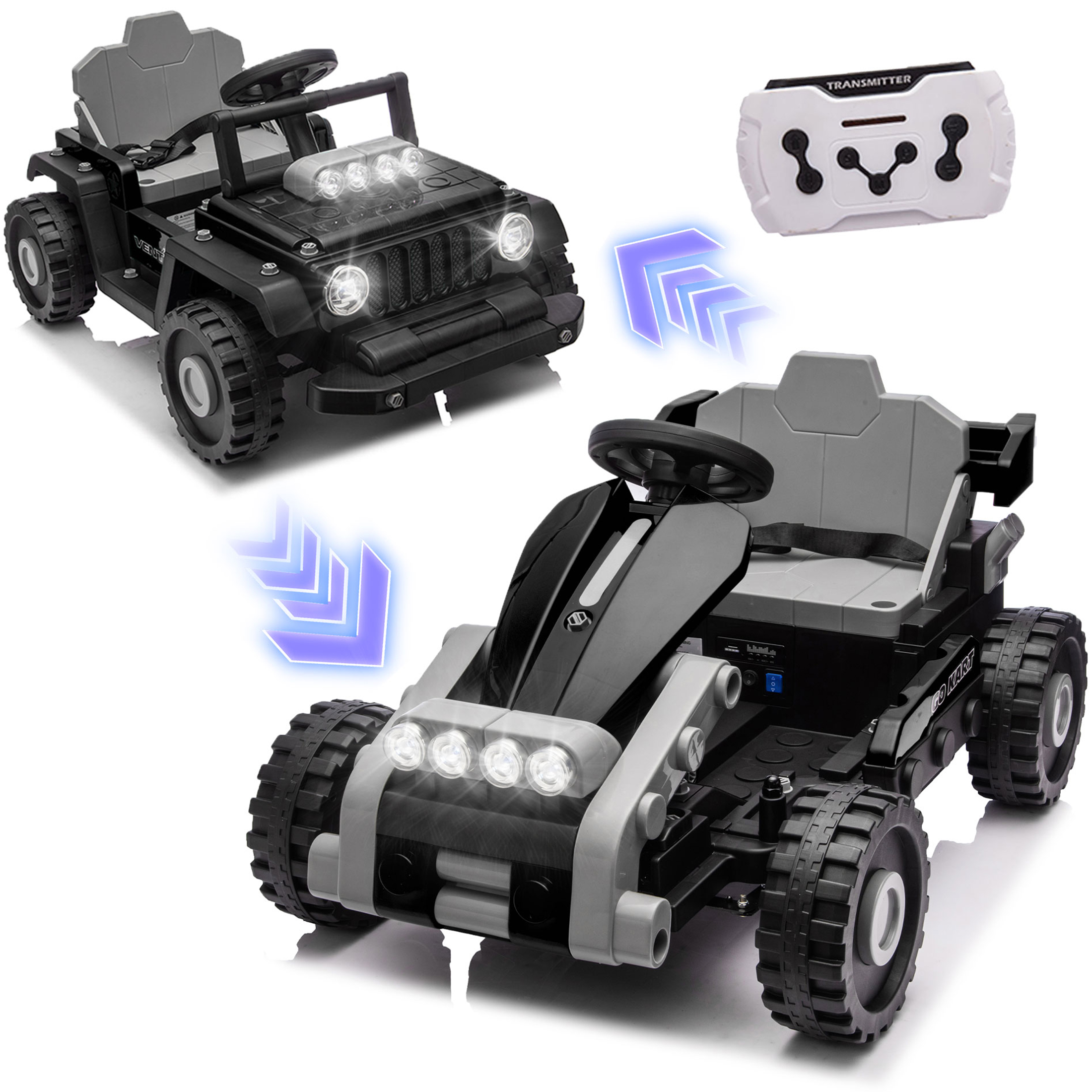 thumbnail video image 2 of iRerts 12V Ride on Toys, 2 in 1 Ride on Building Block Cars Truck/Go Kart Freely Switched, One Chassis, Two Forms, Ride on Vehicles Kids Car with Remote Control, Bluetooth, Music, LED Light, Black, 2 of 10