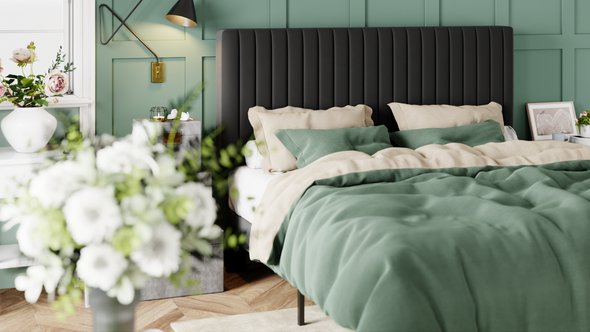 thumbnail video image 2 of Allewie King Size Velvet Upholstered Platform Bed Frame with Adjustable Vertical Channel Tufted Headboard, White, 2 of 12