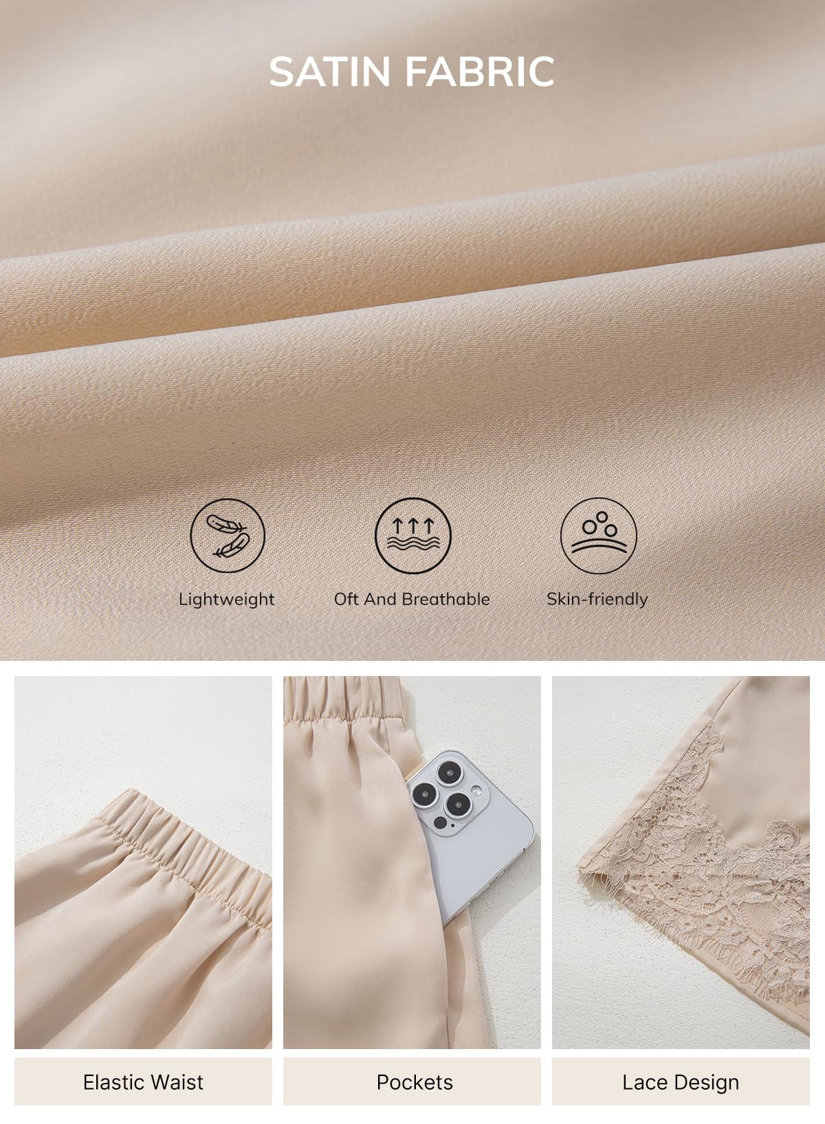 thumbnail video image 2 of SHEWIN Casual Womens Shorts Elastic Waist Lace Satin Silk Shorts Pajama Bottoms Cute Summer Beach Pants with Pockets, 2 of 10