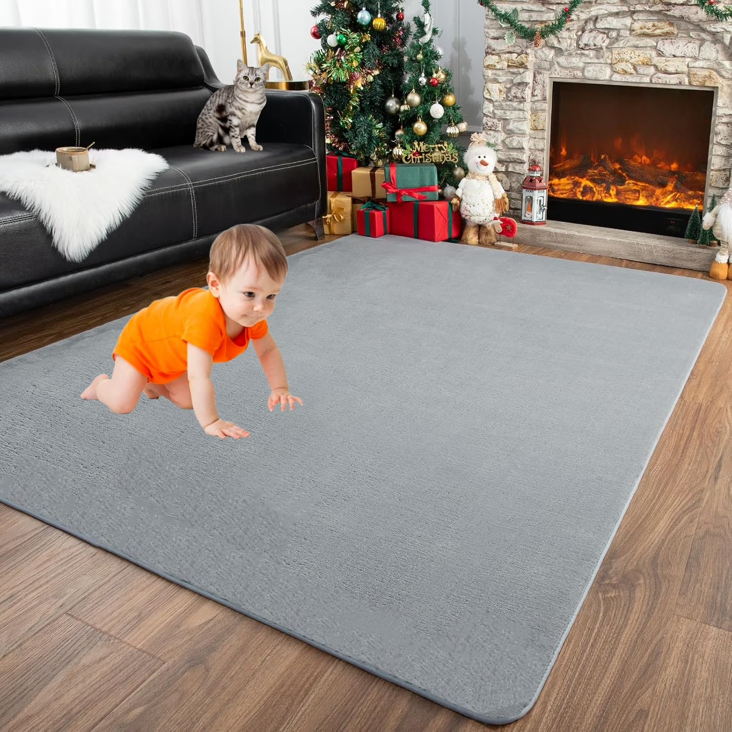 thumbnail video image 2 of 63x47 Play Mat for Playpen, Super Soft Velvet Portable Baby Playpen Mat for Kids Toddler Crawling and Play, Non-Slip Bottom Playmat, 2 of 8