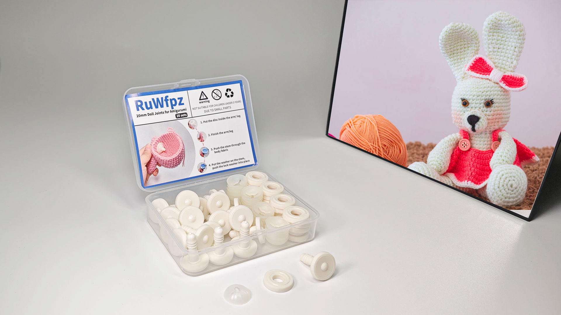 thumbnail video image 2 of RuWfpz Doll Joints for Amigurumi Crochet 35mm - 20 Set Plastic Toy Safety Joints for Stuffed Animals, White Movable Amigurumi Crafts Teddy Bear Joints for Arm Leg Neck, 2 of 8