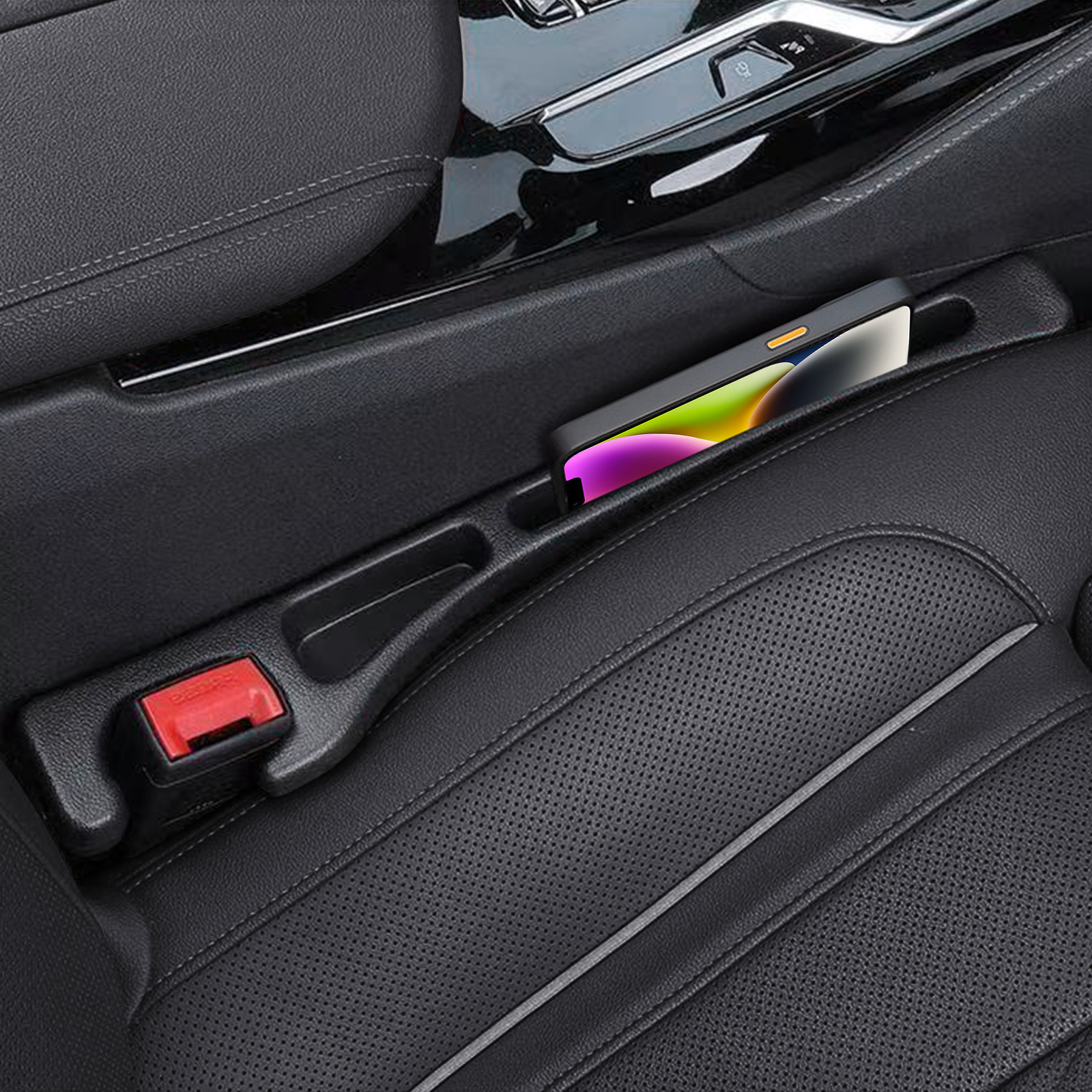 thumbnail video image 2 of Car Seat Gap Filler, 2 Pack No-Drop Seat Side Gap Seam Filler Organizer with Phone Holder, Universal Fit Fill The Gap Between Seat and Console, Perfect for Car SUV Truck Black, 2 of 18