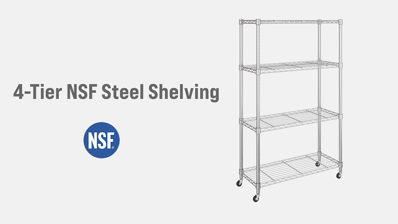 thumbnail video image 2 of Seville Classics Solid Steel Wire Shelving Storage Unit Adjustable Shelves Organizer Rack, for Home, Kitchen, Office, Garage, Bedroom, Closet, Silver, 4-Tier, 36" W x 14" D, 2 of 11