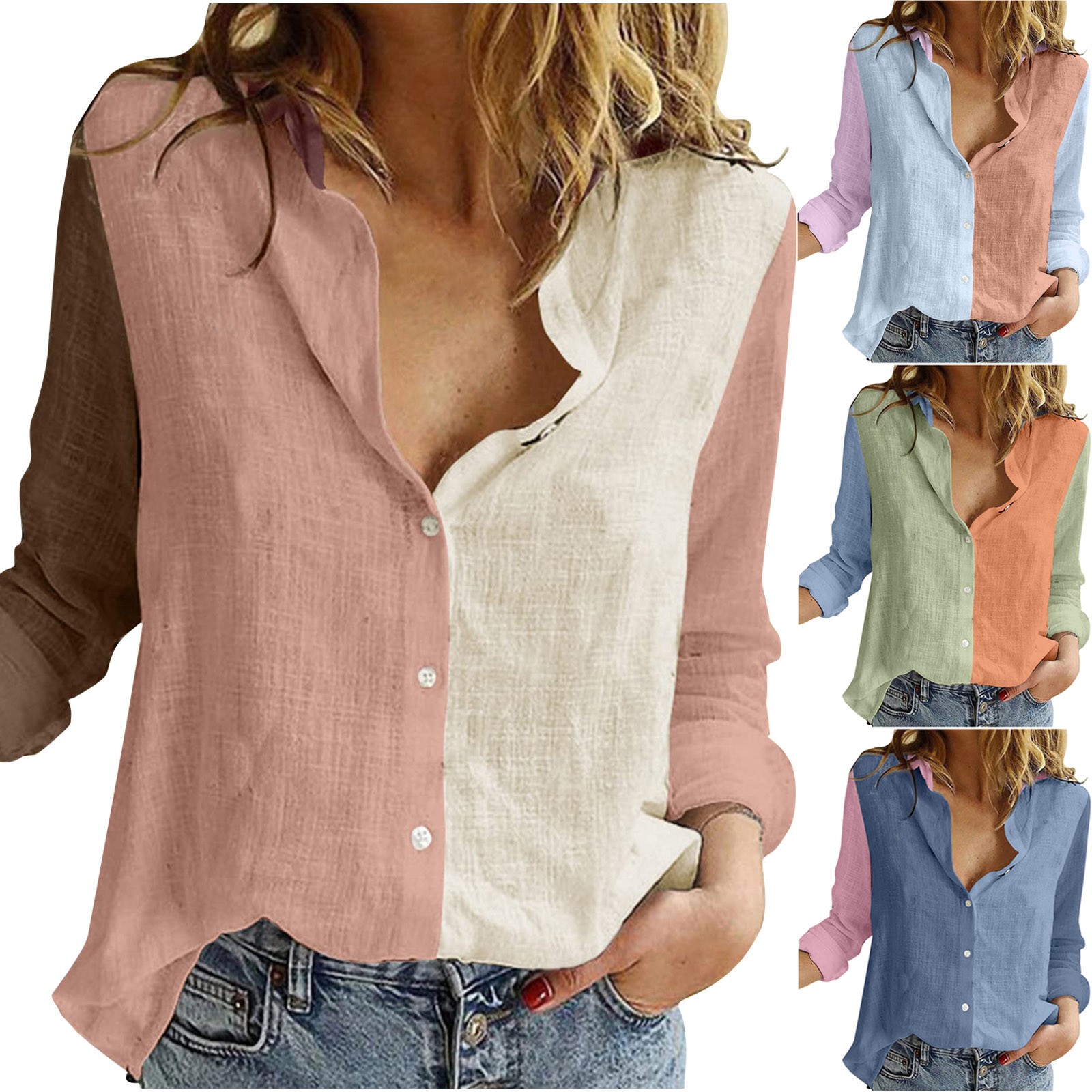 thumbnail video image 2 of WREESH Womens Color Block Button Down Shirts Long Sleeve Cotton Linen Shirt Loose Fit Casual V-Neck Blouse Tops Light Blue, 2 of 8