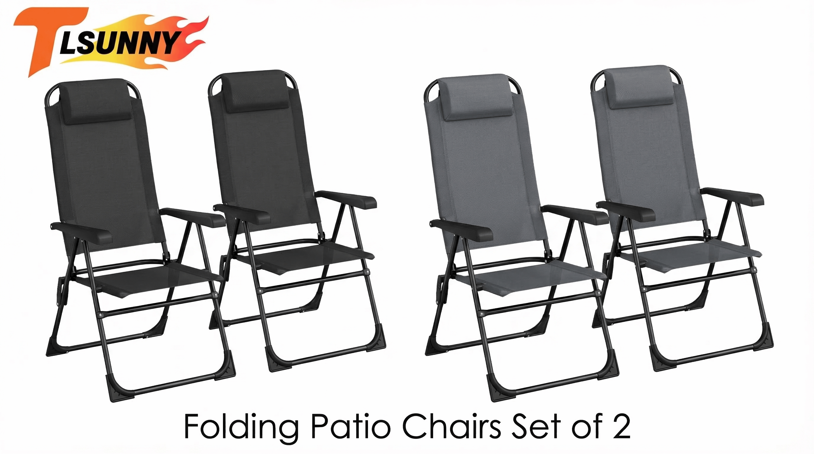 thumbnail video image 2 of TLSUNNY 2 Pcs Outdoor Patio Folding Chairs, W/ Adjustable Back, Armrest,Headrest, Foot Pad, Portable Lounge Chair for Pool, Yard, Lawn, 300LBS, 2 of 11