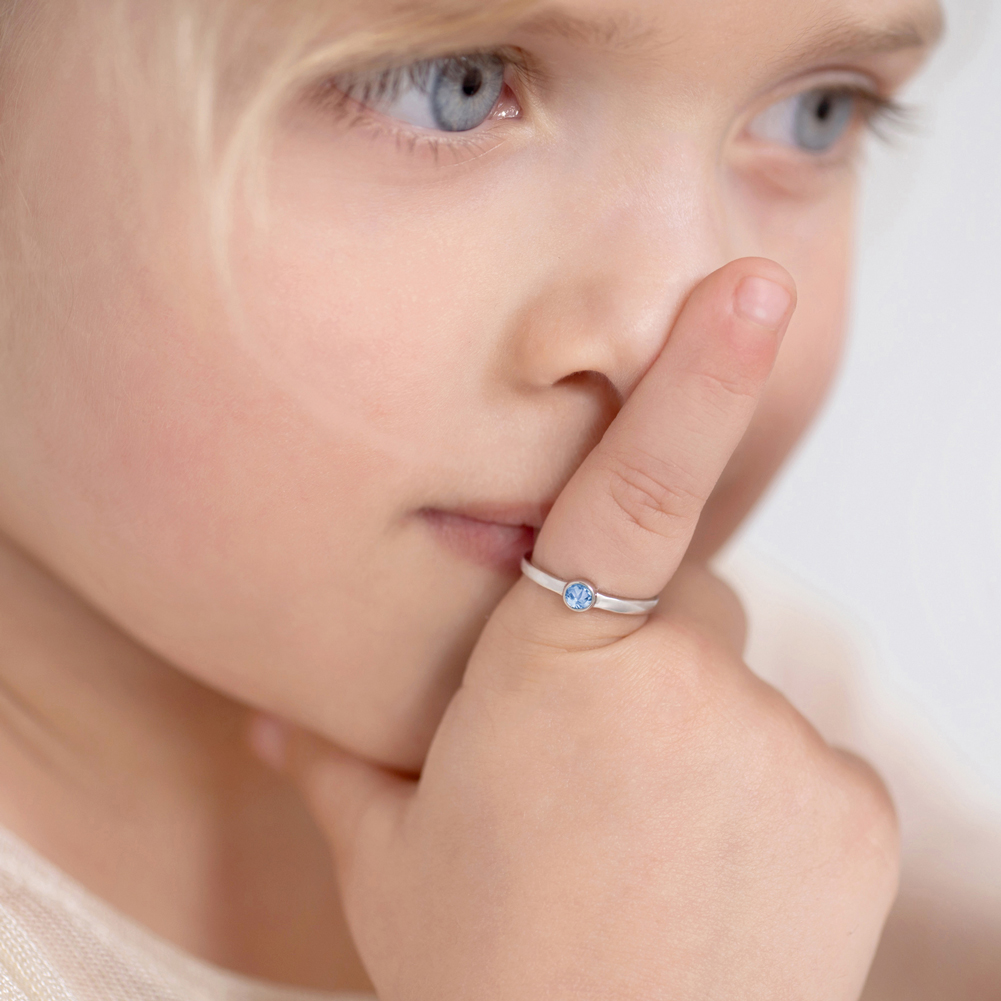 thumbnail video image 2 of 925 Sterling Silver Simulated Aquamarine Birthstone CZ Ring For Pre-Teens Size 5, 2 of 7