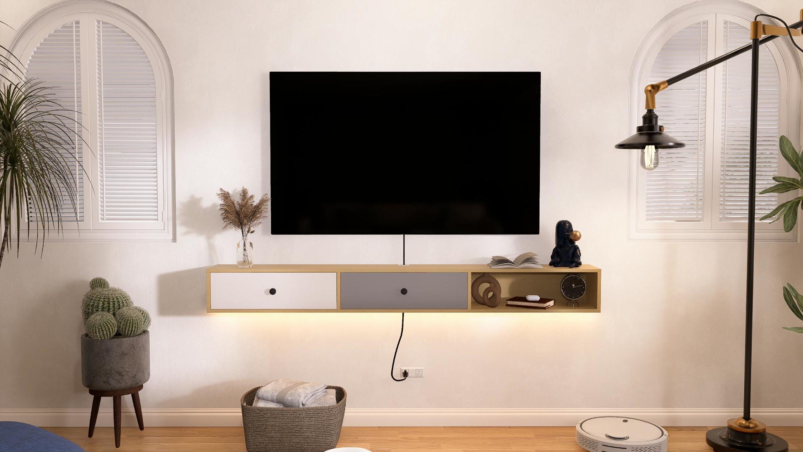 thumbnail video image 2 of FloatiCasa 70" Floating TV Stand Wall-Mounted TV Shelf with 2 Doors Natural-color Floating TV Cabinet for TVs up to 75" Modern Entertainment Center, 2 of 14