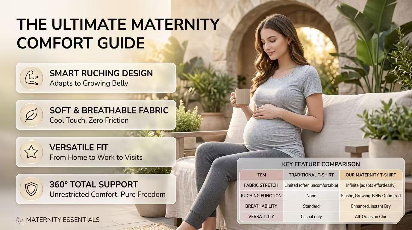 thumbnail video image 2 of Yawrut Round Neck Maternity T-Shirt, Soft Stretchy Ruched Pregnancy Top, Casual Short Sleeve Maternity Tee for All Trimesters, Daily Home Work Pregnant Shirts, 2 of 9
