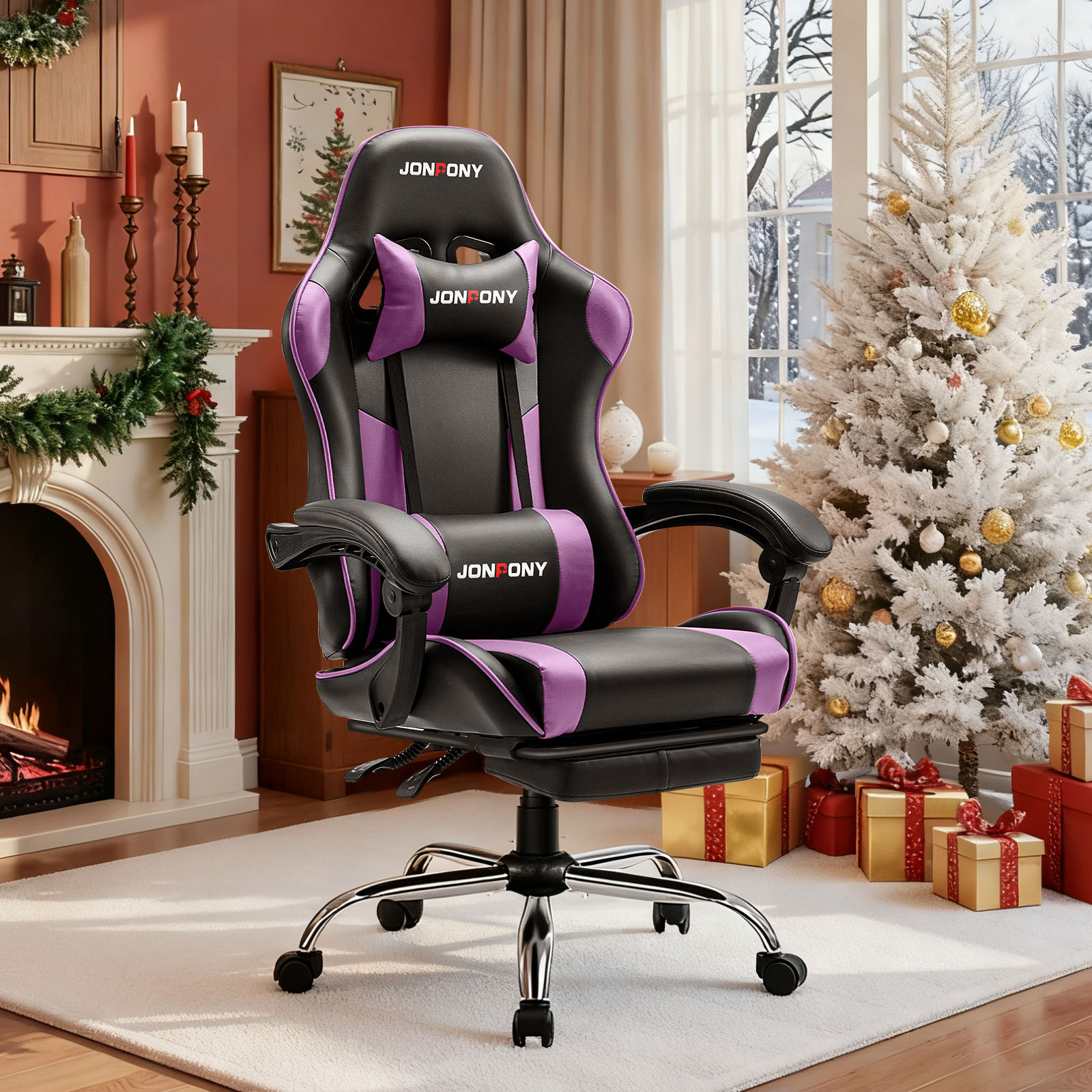 thumbnail video image 2 of JONPONY Big and Tall Gaming Chair, Ergonomic Design, Gamer Chair PU Leather with Footrest and Lumbar Support, High Back Office Chair Support 8 Hours Long Sitting, Computer Chair,Purple, 2 of 10