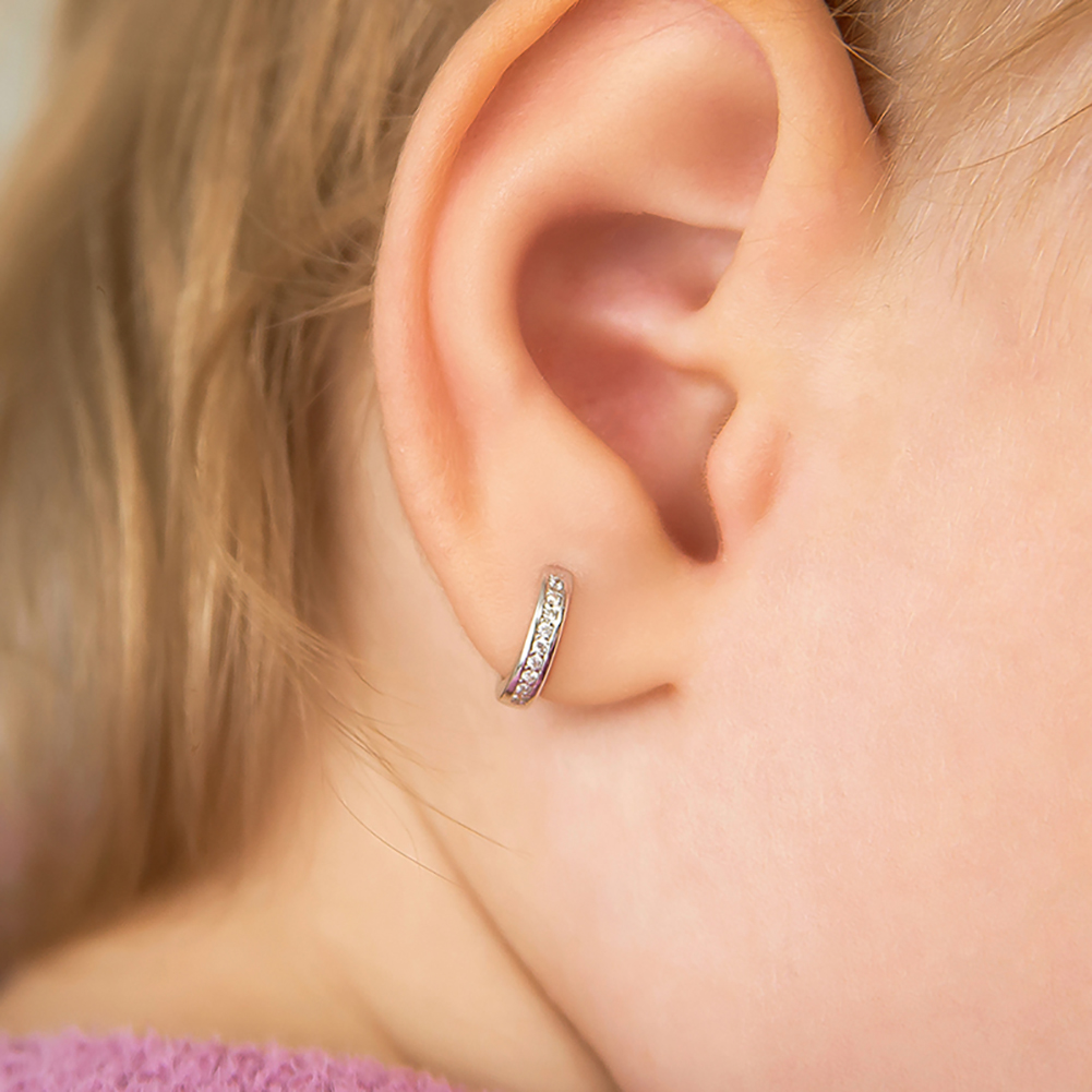 thumbnail video image 2 of Clear CZ Huggie 7mm Toddler / Kids / Girls Earrings Hoop - 14k White Gold, 2 of 7