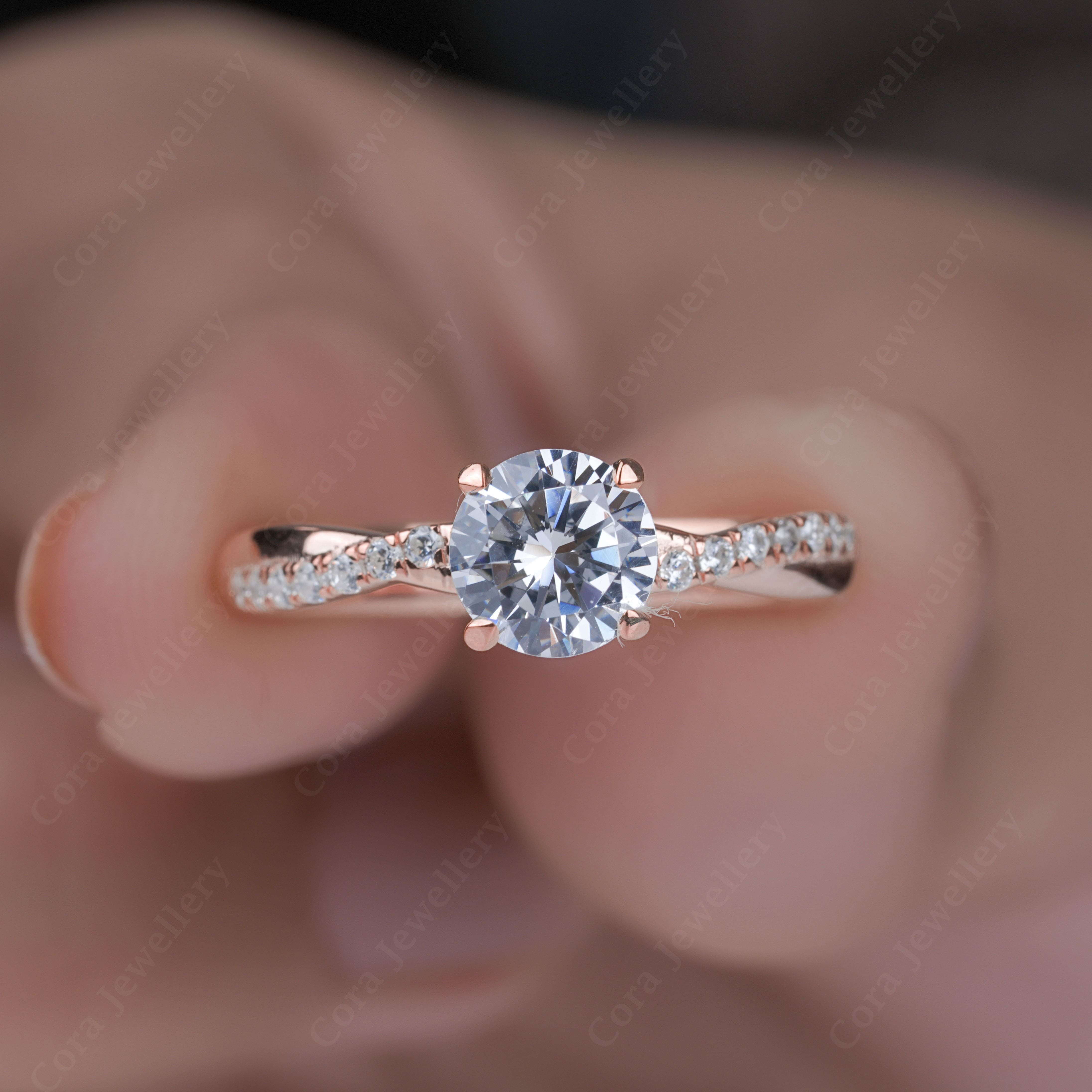 thumbnail video image 2 of Cora Jewellery Twisted Shank 1.0CT Round Moissanite Engagement Ring for Women, 14K White Gold, 8.5 US, 2 of 9