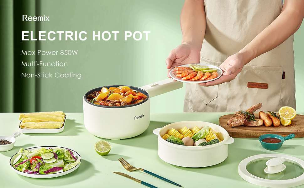 thumbnail video image 2 of Reemix 1.6L Electric Hot Pot with Steamer, Non-Stick Pan, 850W Adjustable Power, Perfect for Dorms & Apartments (White), 2 of 8