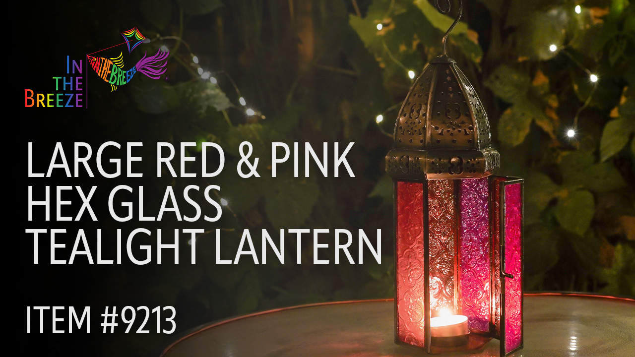 thumbnail video image 2 of In the Breeze 9213 — Pink & Red Large Hex Tealight Lantern — Moroccan-Style Boho Chic Tealight Glass and Metal Tabletop Lantern, 2 of 6