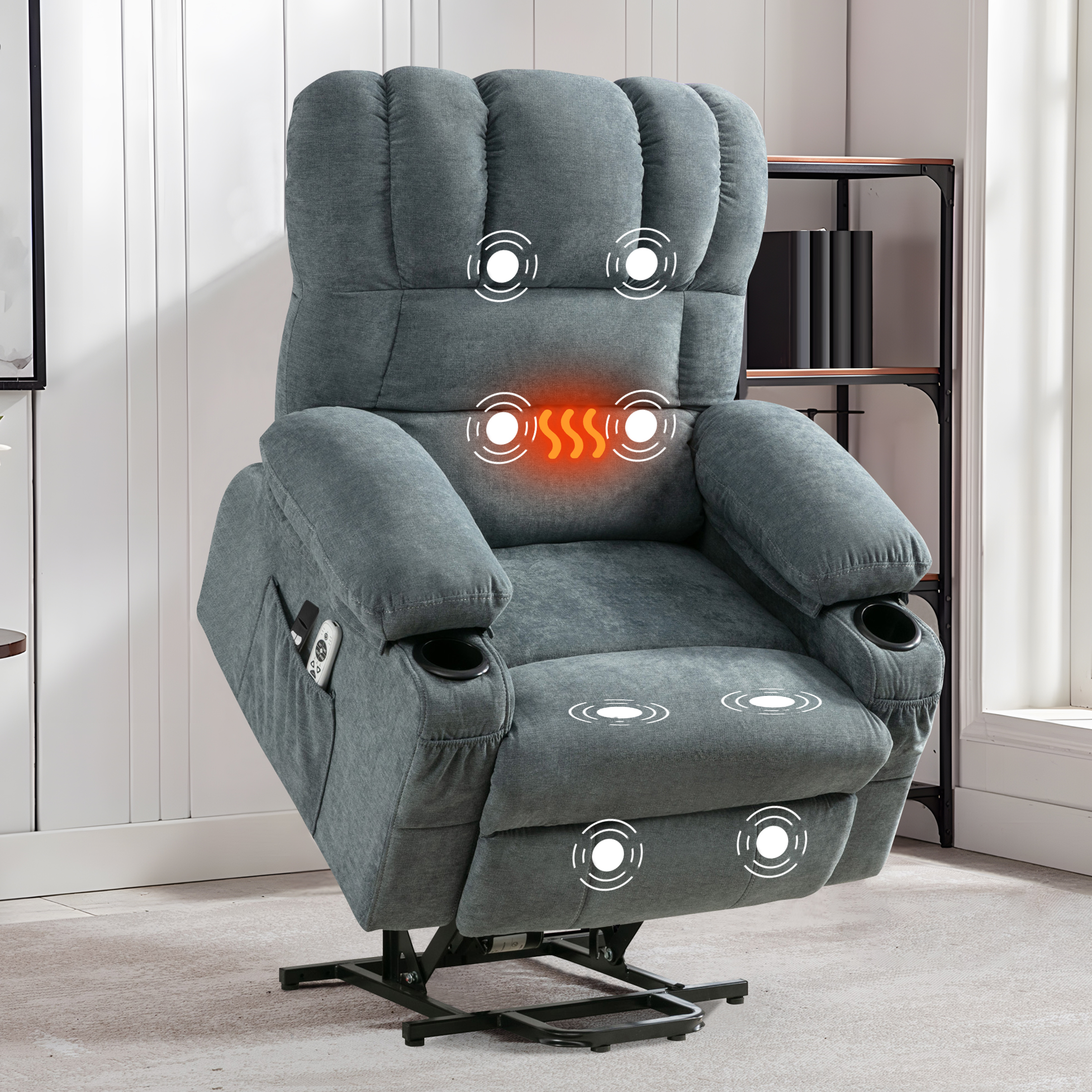 thumbnail video image 2 of HSUNNS Recliners Lift Chair for Elderly, Living Room Cotton Recliner Chair with Massage and Heat, Single Sofa with USB Port, Cup Holder, Side and Front Pocket, Blue, 2 of 11